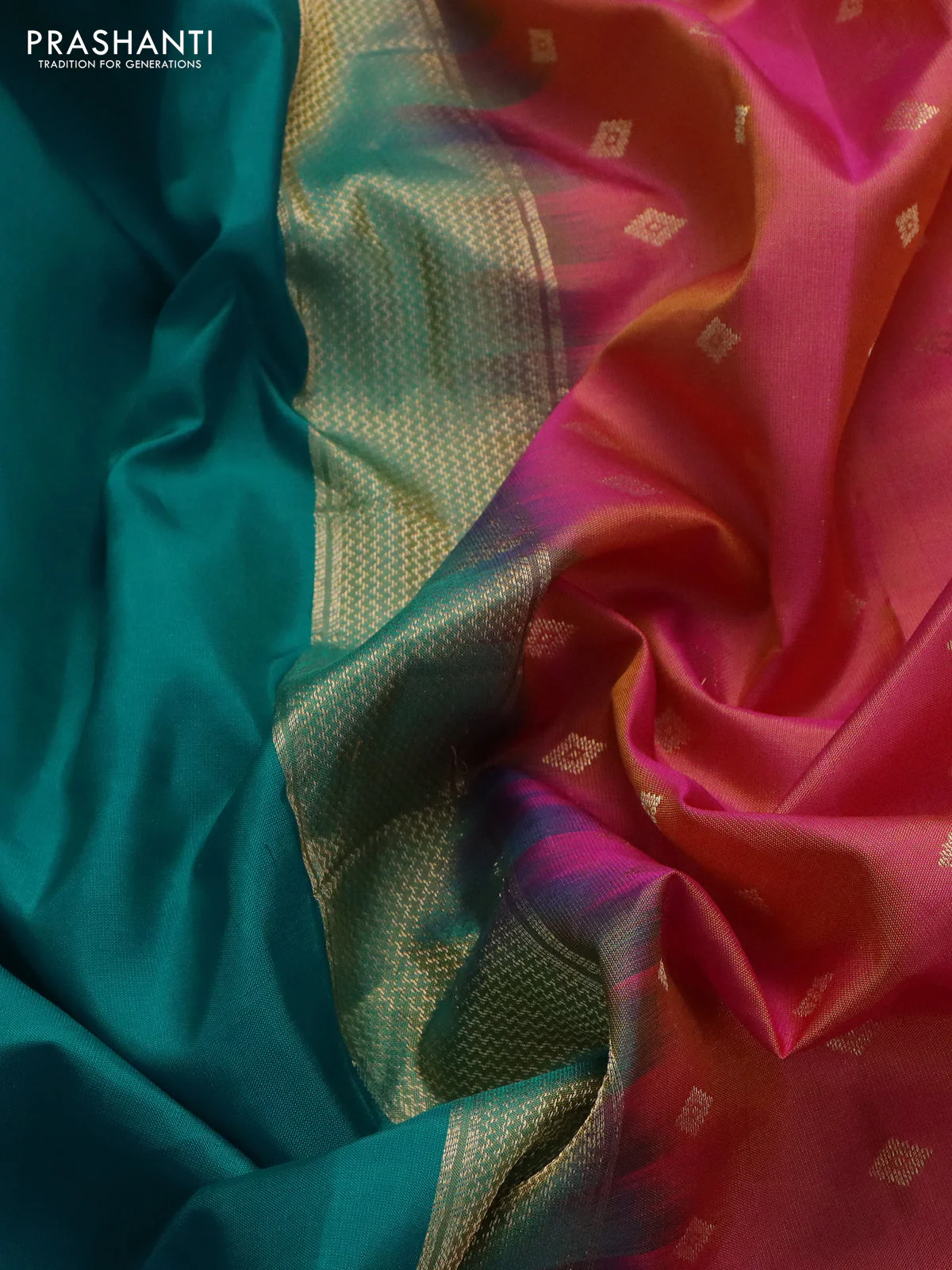 Pure kanchipuram silk saree teal blue and pink with plain body and zari woven border - Image 3