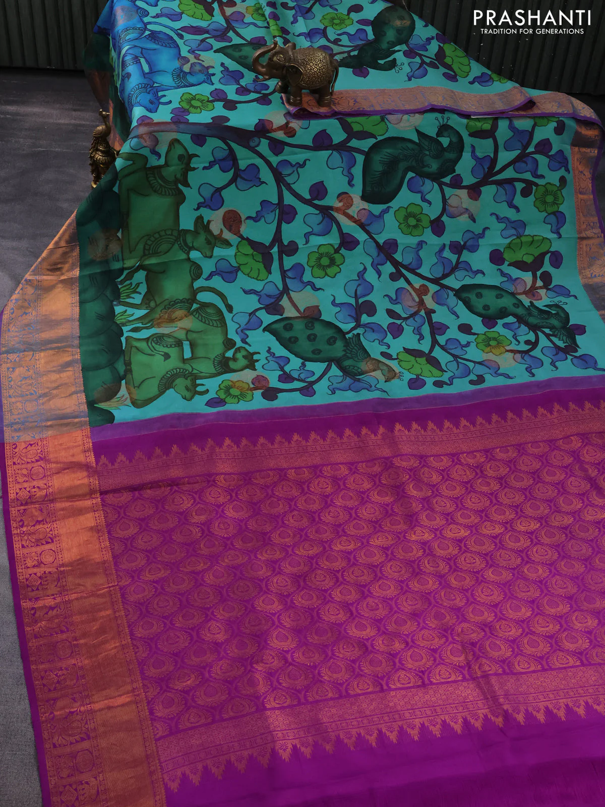 Pure kanchipuram silk saree teal blue and purple with allover pen kalamkari prints & zari buttas and copper zari woven border - Image 2