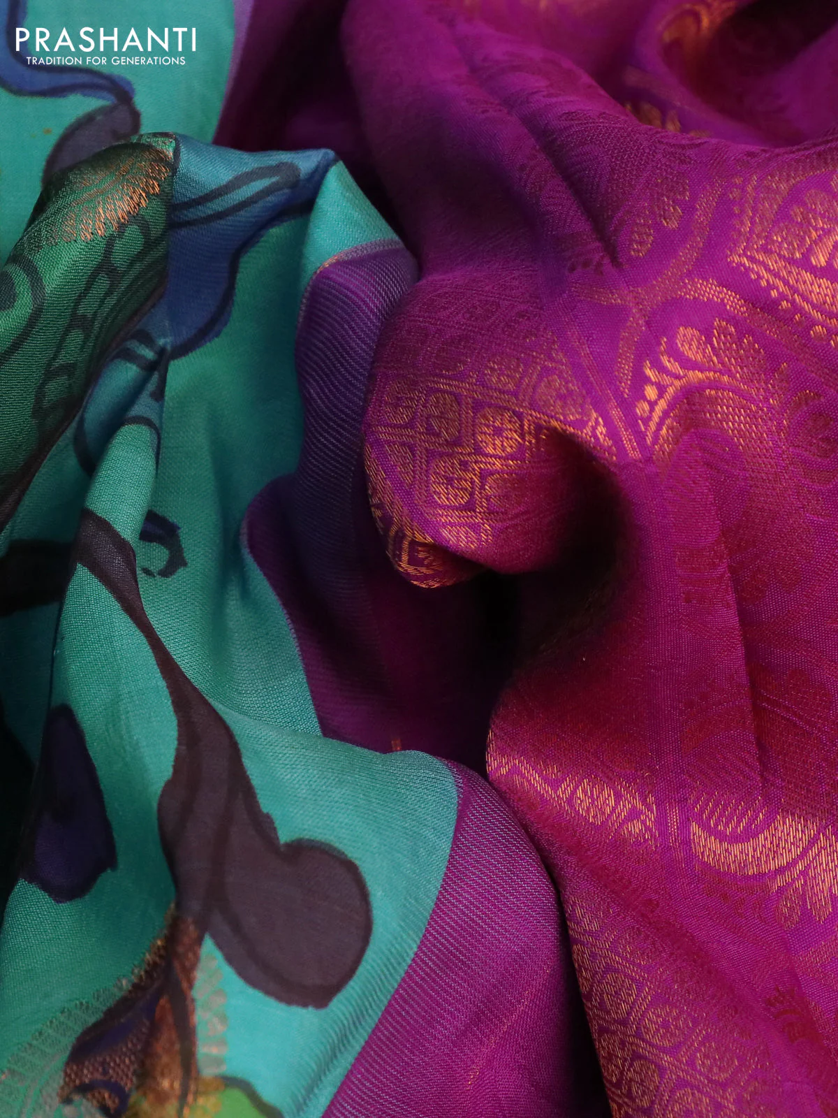 Pure kanchipuram silk saree teal blue and purple with allover pen kalamkari prints & zari buttas and copper zari woven border - Image 3