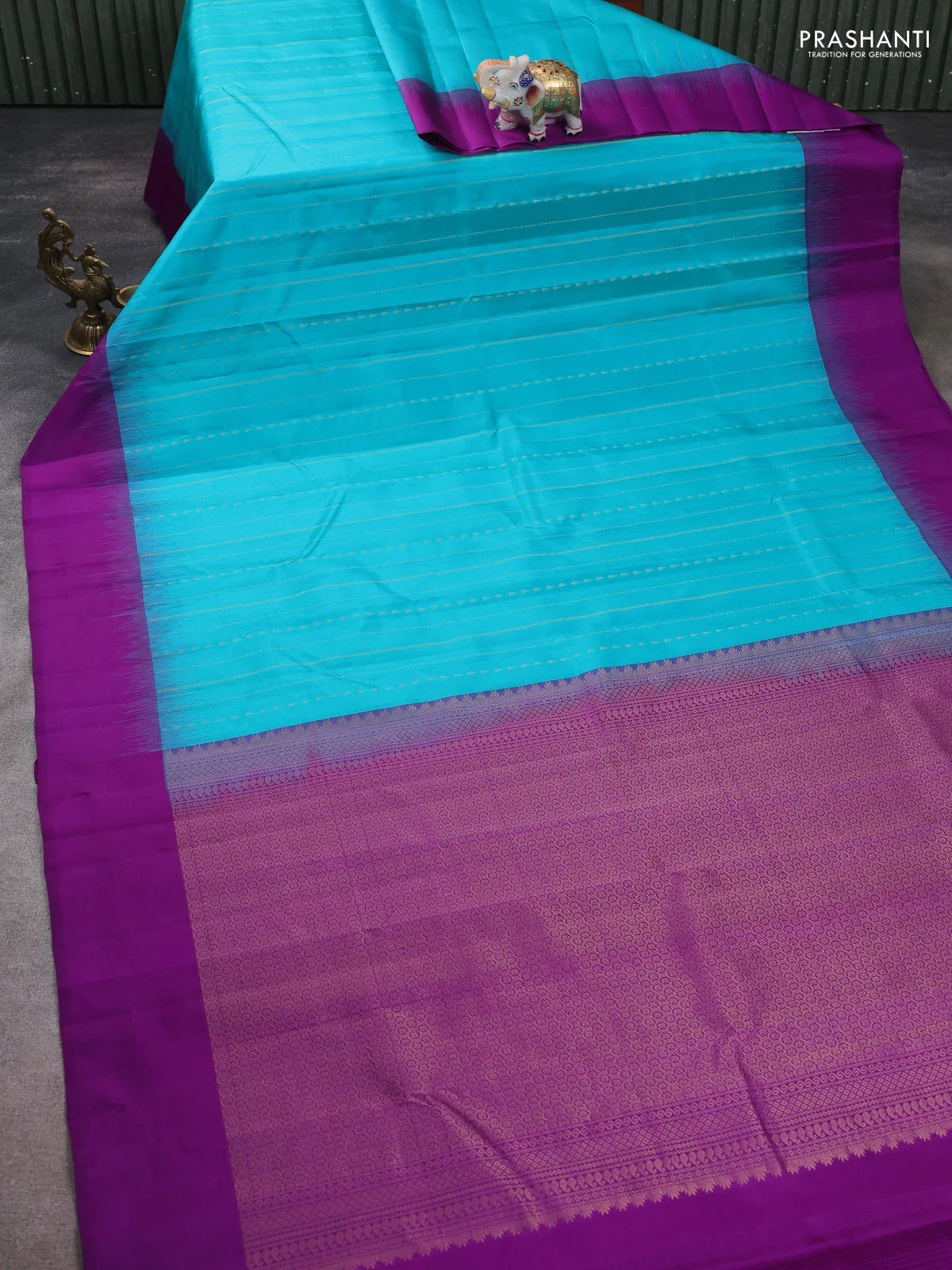 Pure kanchipuram silk saree teal blue and purple with allover zari weaves and simple border - Image 2