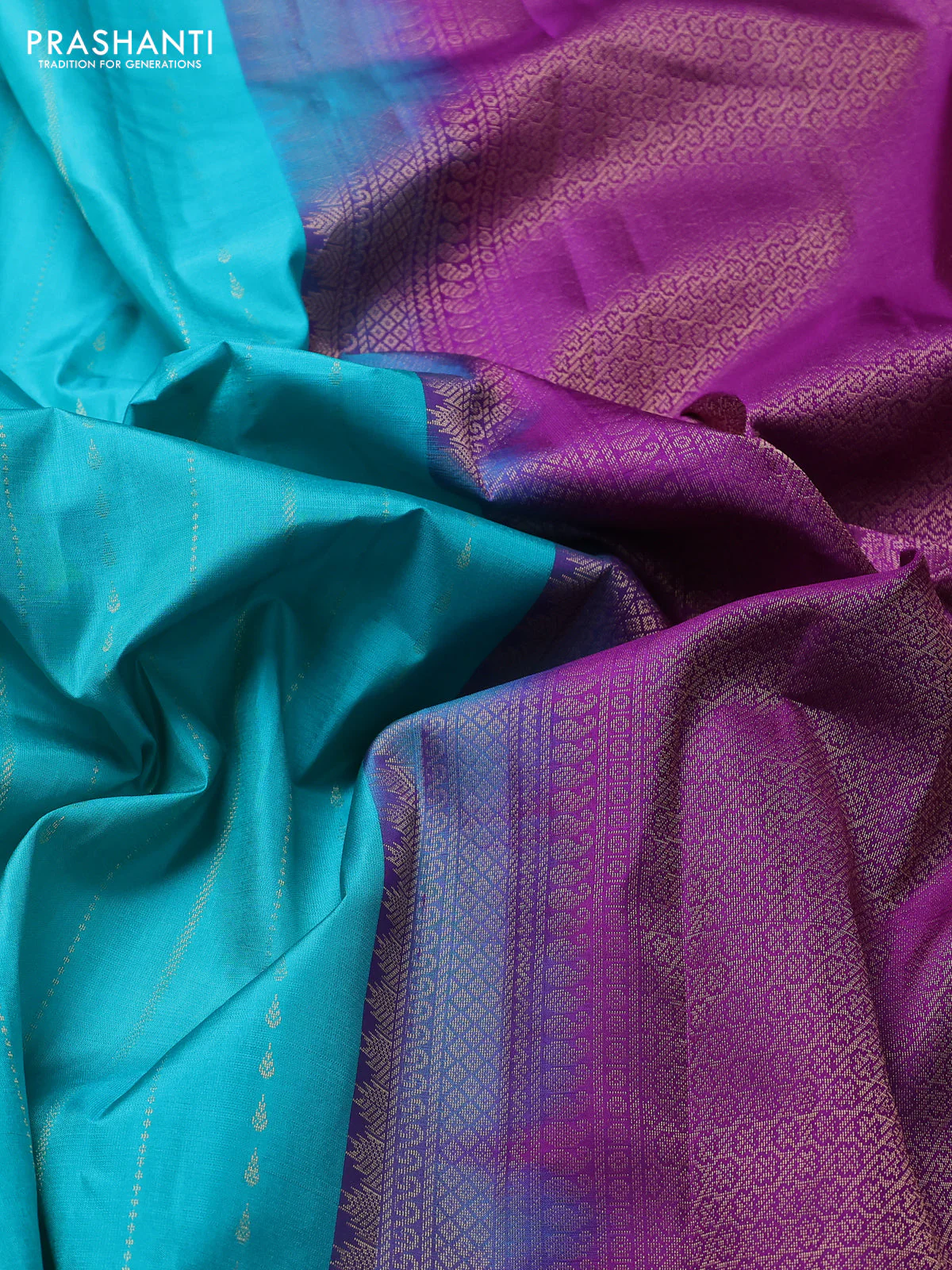 Pure kanchipuram silk saree teal blue and purple with allover zari weaves and simple border - Image 3