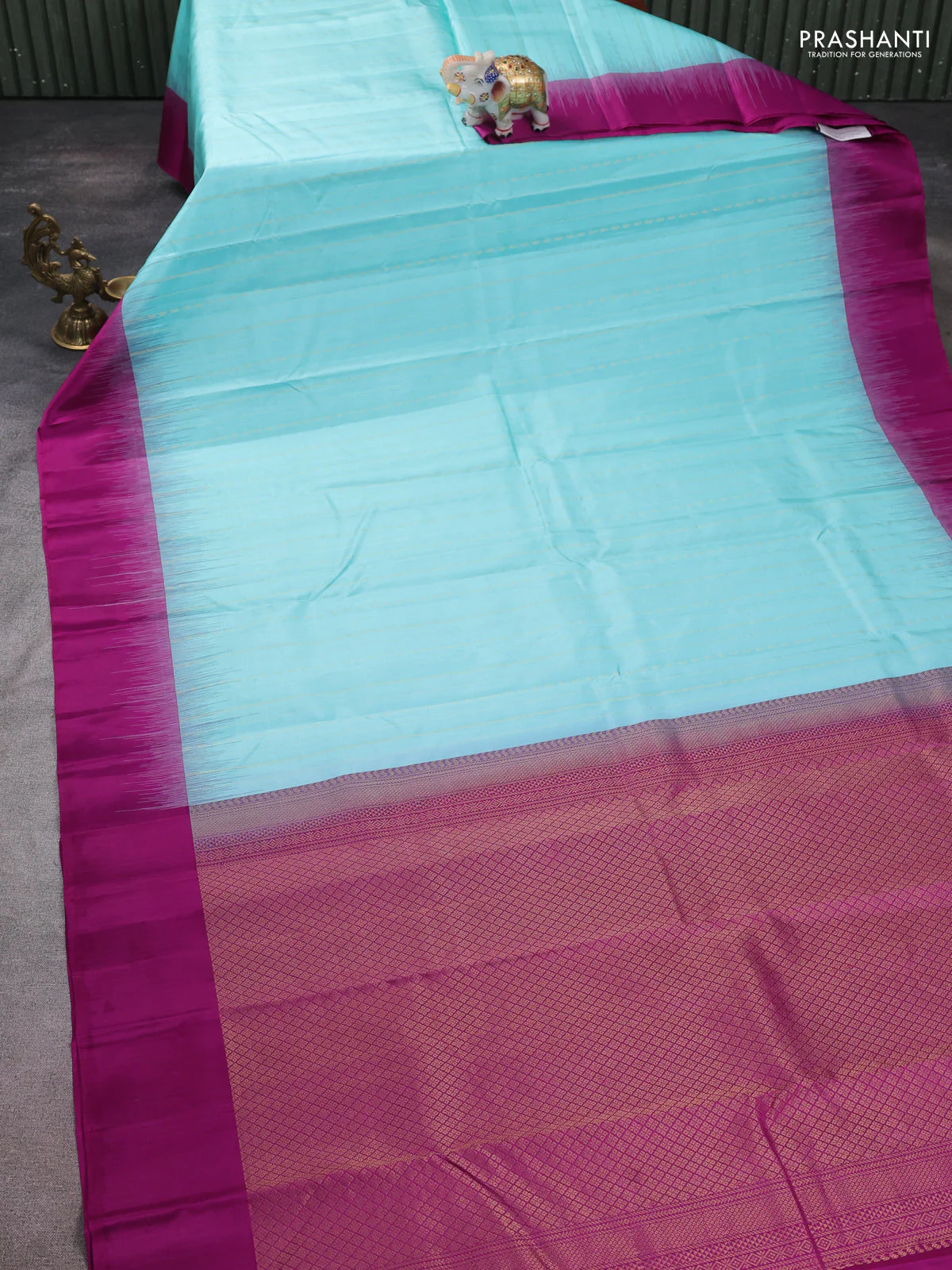 Pure kanchipuram silk saree teal blue and purple with allover zari weaves pattern and simple border - Image 2