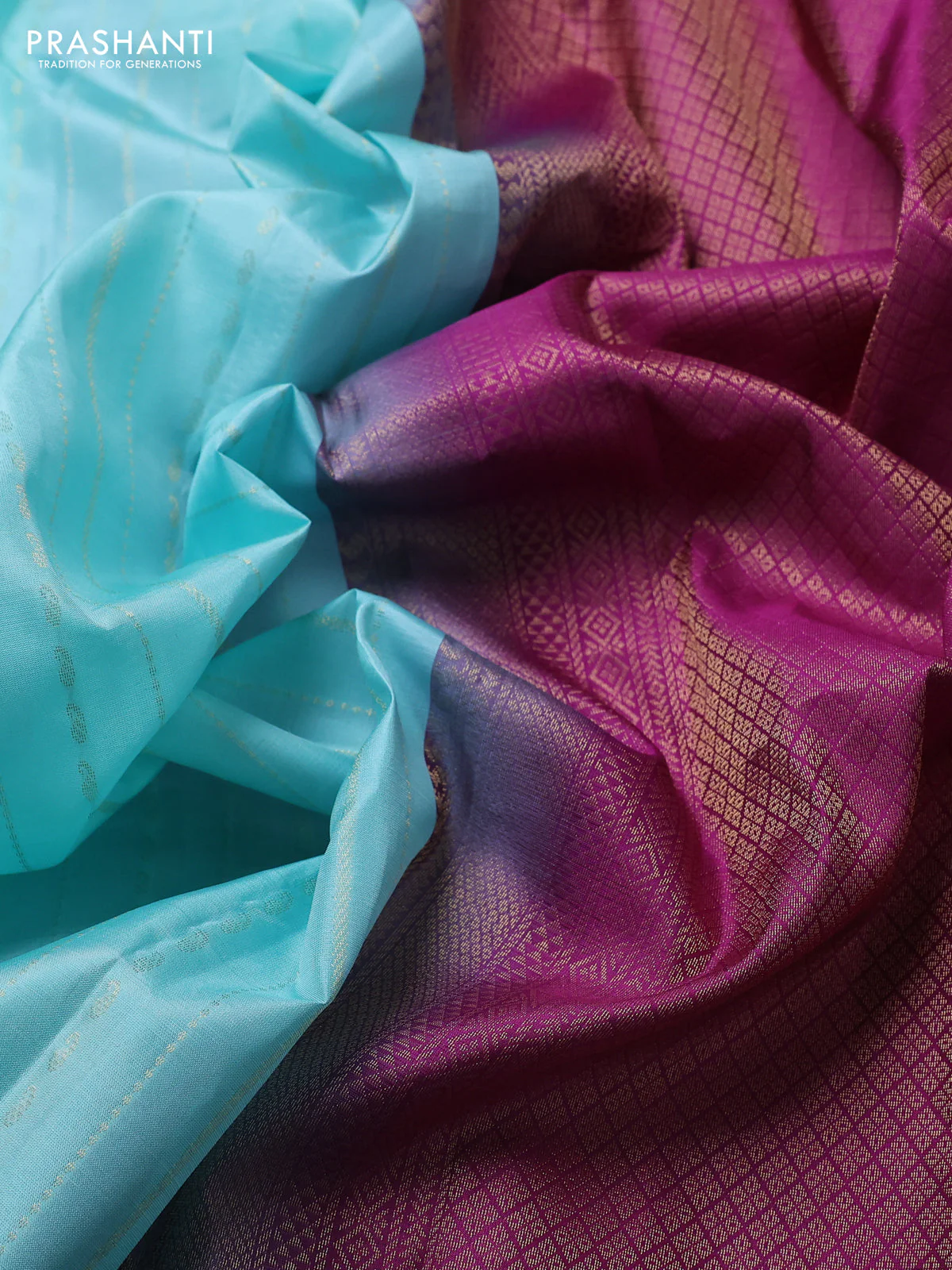 Pure kanchipuram silk saree teal blue and purple with allover zari weaves pattern and simple border - Image 3
