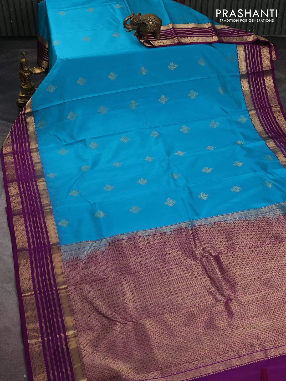Pure kanchipuram silk saree teal blue and purple with zari woven buttas and rich zari woven border - Image 2