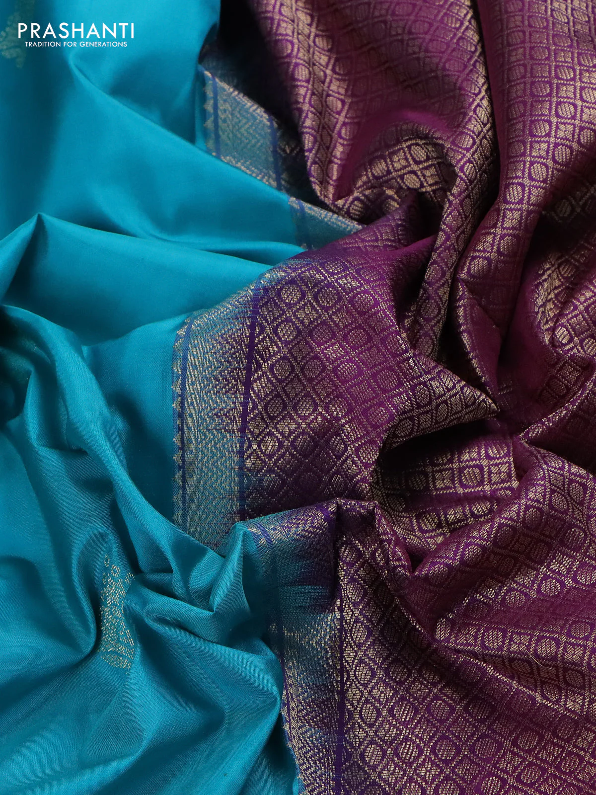 Pure kanchipuram silk saree teal blue and purple with zari woven buttas and rich zari woven border - Image 3