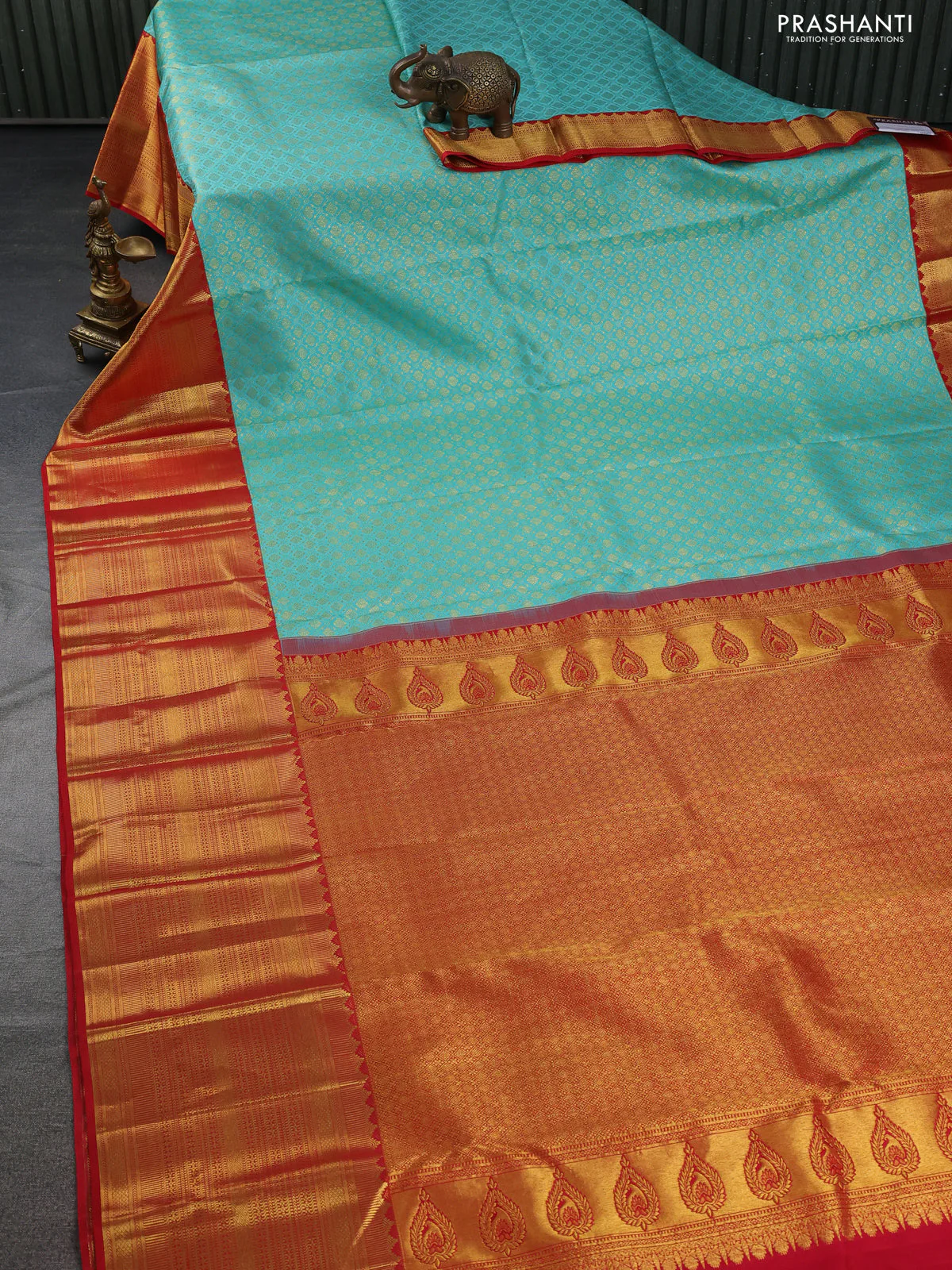Pure kanchipuram silk saree teal blue and red with allover zari woven brocade weaves and long rich zari woven border - Image 2