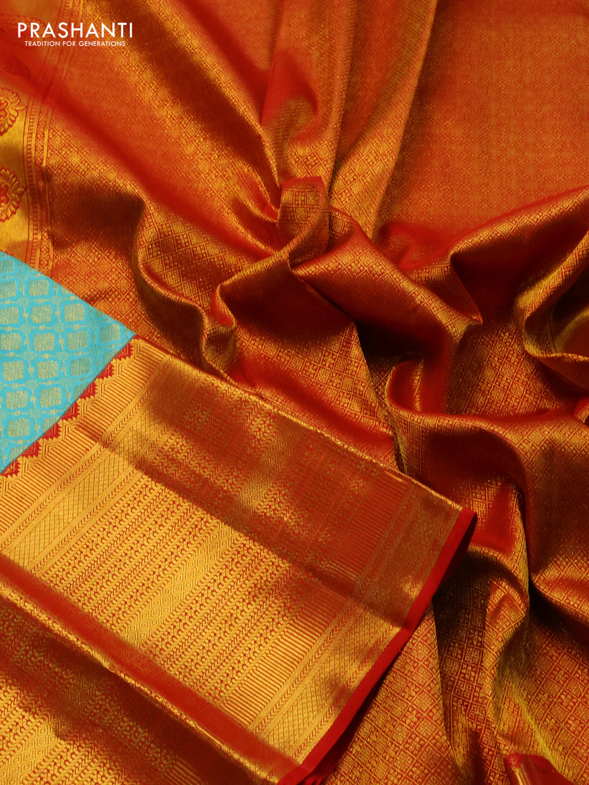Pure kanchipuram silk saree teal blue and red with allover zari woven brocade weaves and long rich zari woven border - Image 3