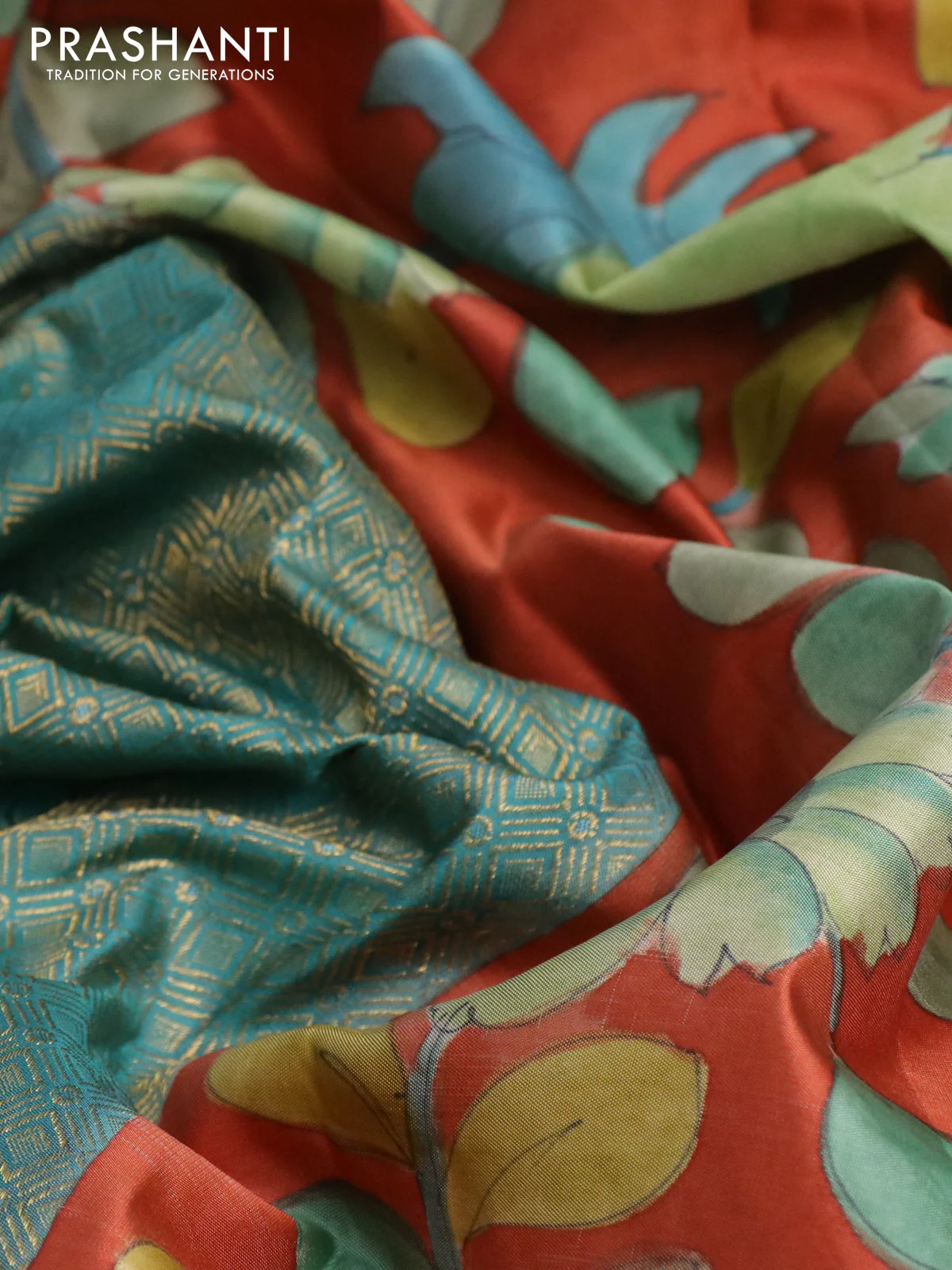 Pure kanchipuram silk saree teal blue and rustic orange with allover zari woven geometric brocade weaves and kalamkari printed pallu & border - Image 3