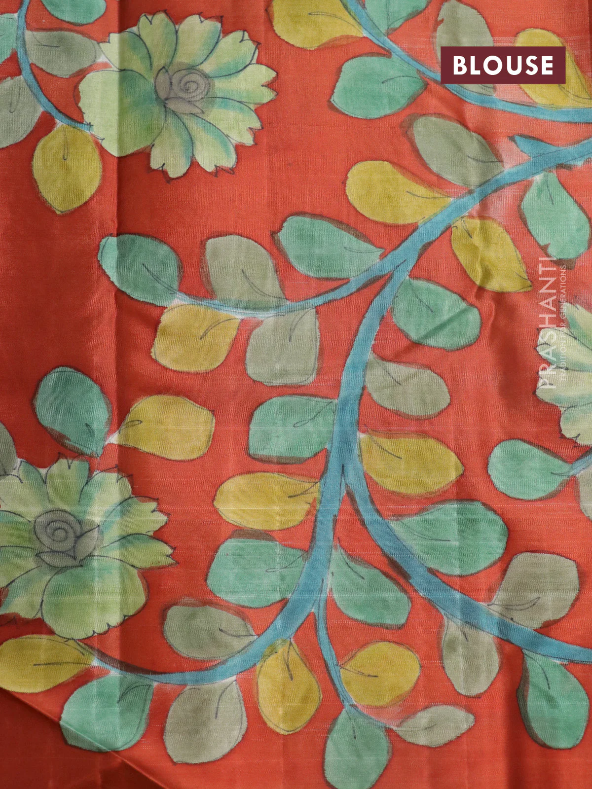 Pure kanchipuram silk saree teal blue and rustic orange with allover zari woven geometric brocade weaves and kalamkari printed pallu & border - Image 4