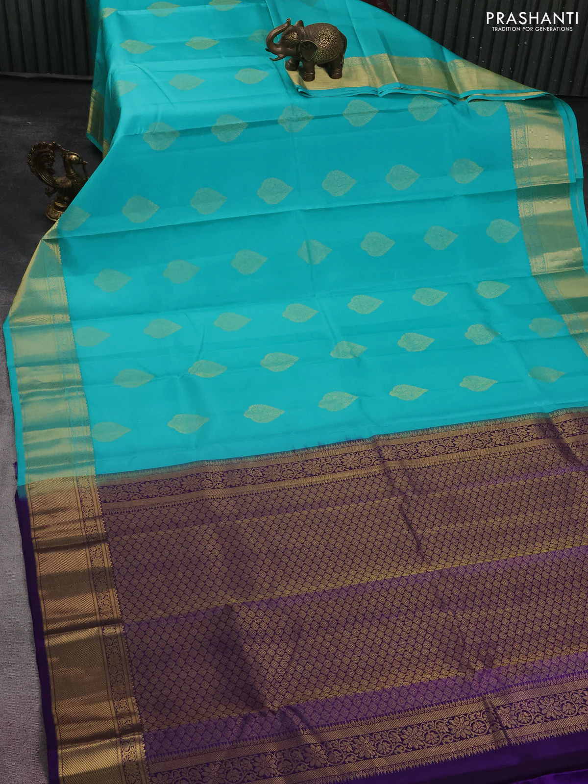 Pure kanchipuram silk saree teal blue and violet with zari woven buttas and zari woven border - Image 2