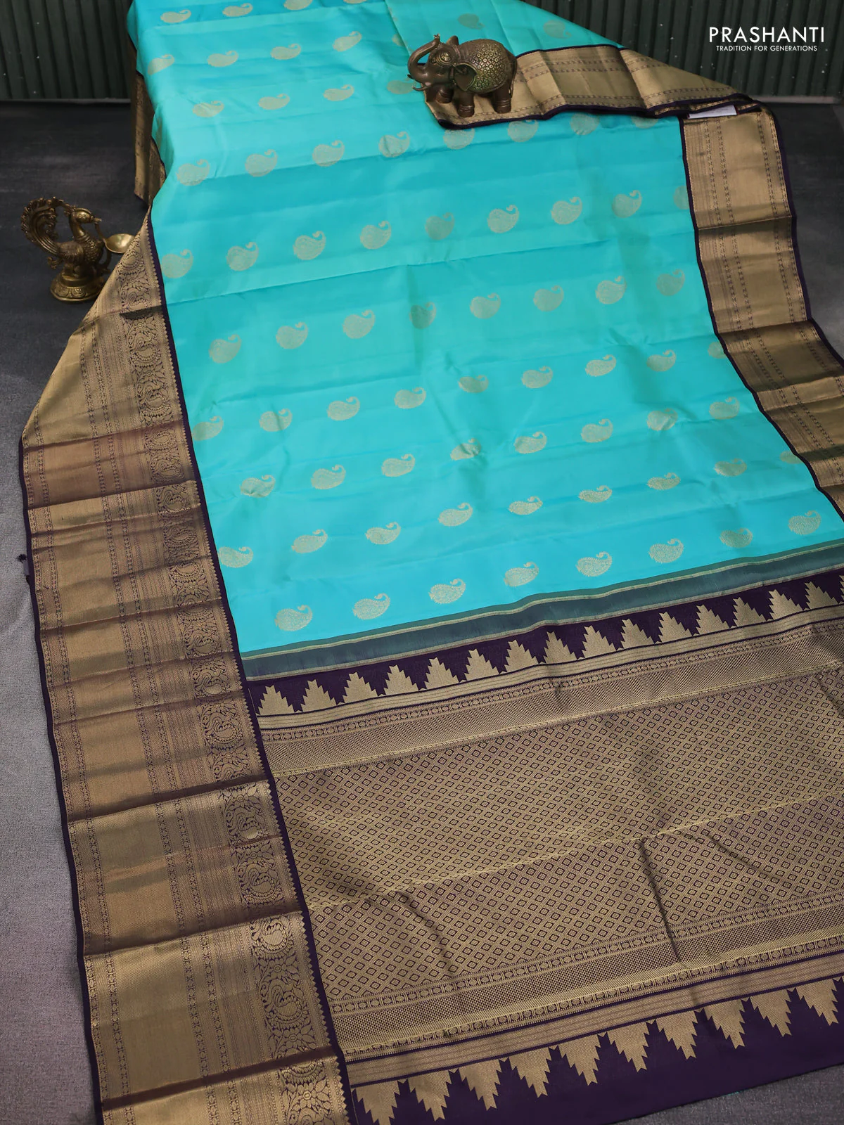 Pure kanchipuram silk saree teal blue and wine shade with paisley zari woven buttas and long annam zari woven korvai border - Image 2