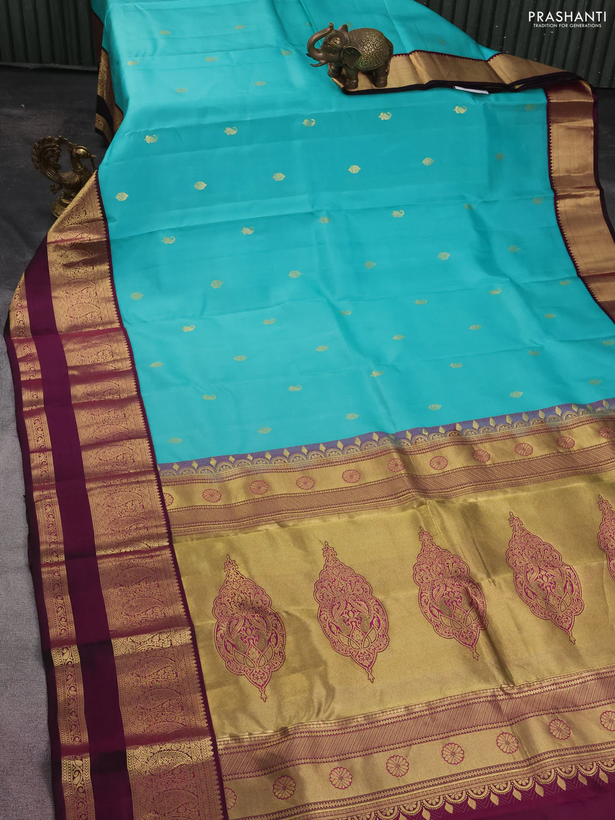Pure kanchipuram silk saree teal blue and wine shade with zari woven buttas and zari woven korvai border - Image 2