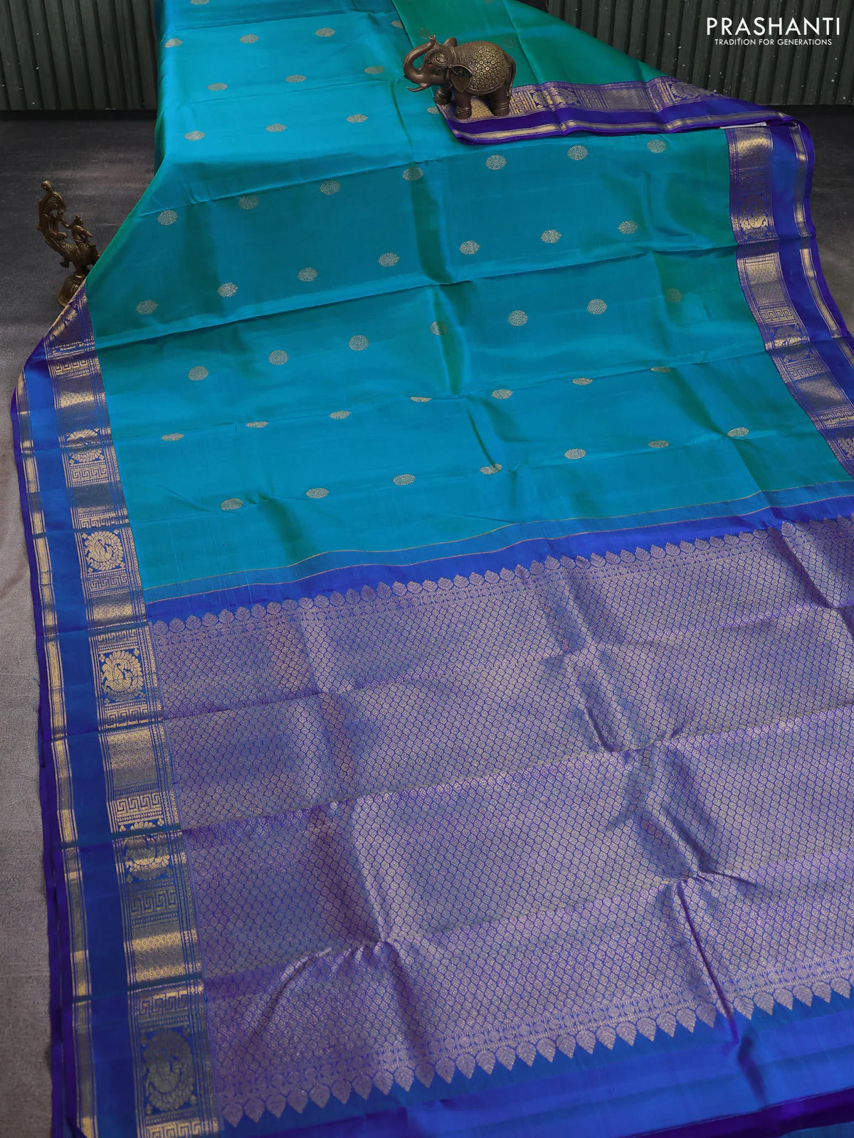 Pure kanchipuram silk saree teal blue shade and blue with zari woven buttas and rettapet zari woven border - Image 2
