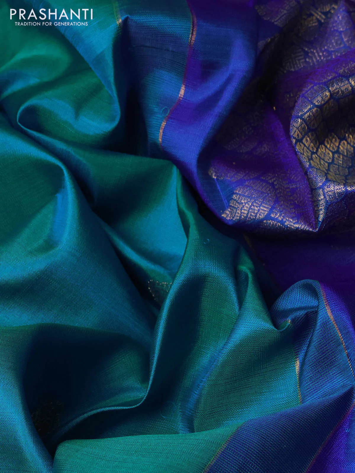 Pure kanchipuram silk saree teal blue shade and blue with zari woven buttas and rettapet zari woven border - Image 3