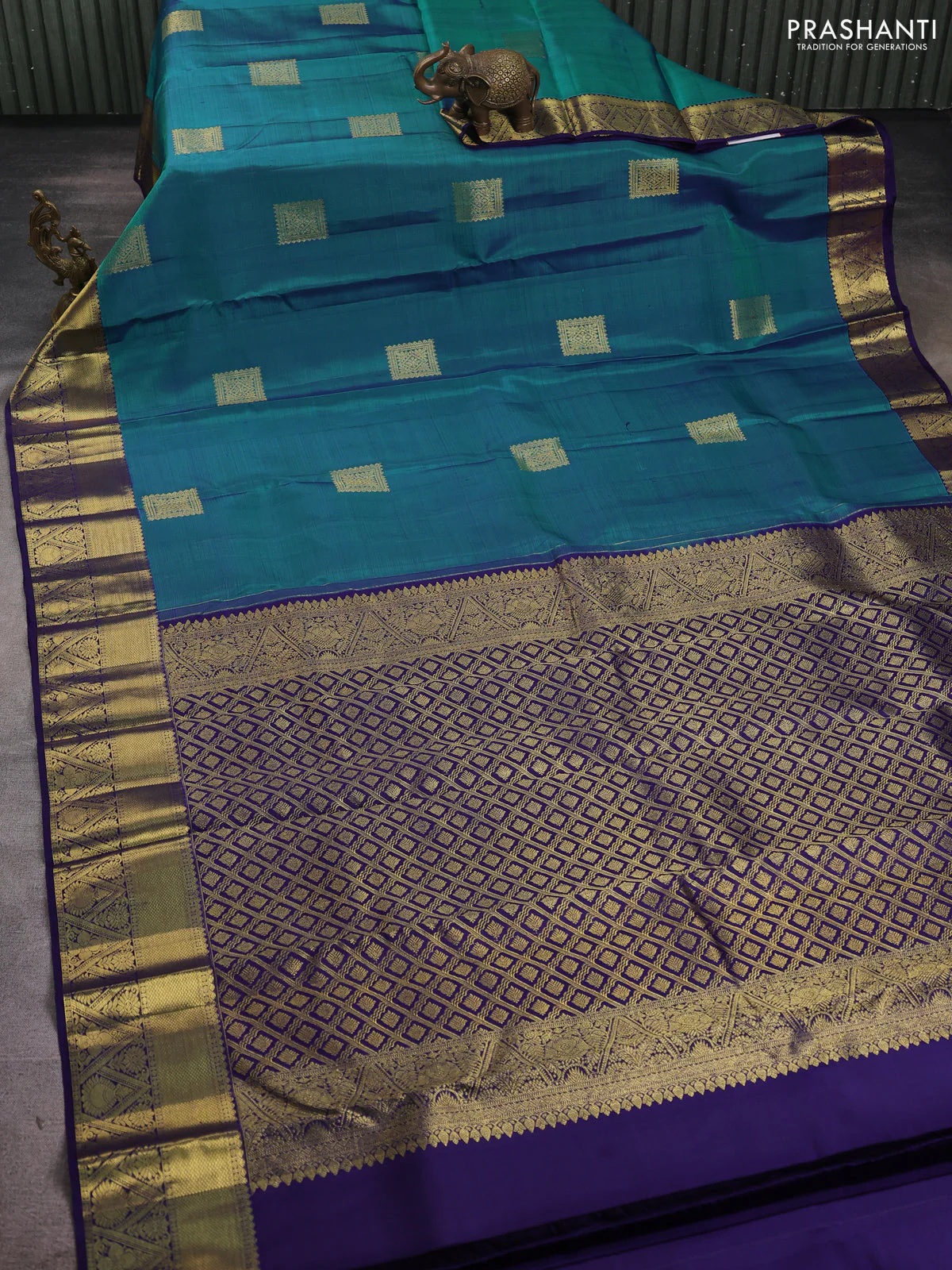 Pure kanchipuram silk saree teal blue shade and dark blue with zari woven buttas and rich zari woven border - Image 2