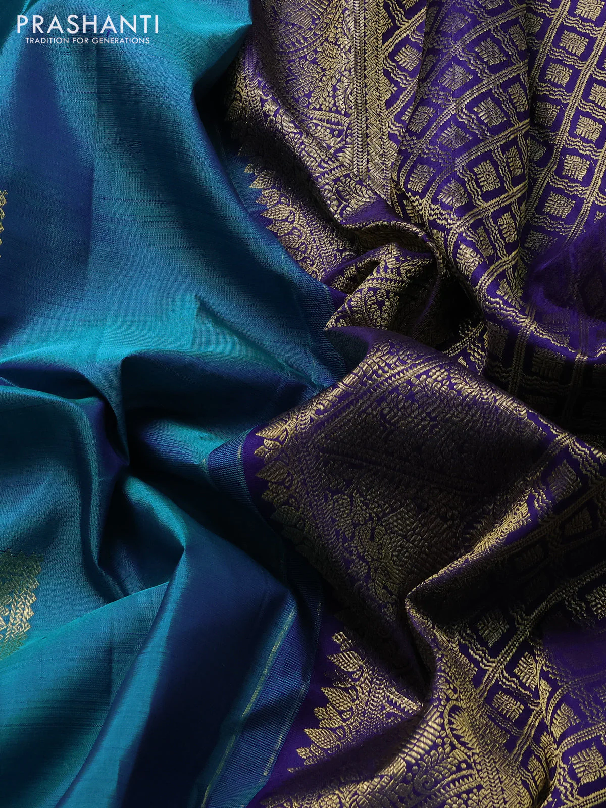 Pure kanchipuram silk saree teal blue shade and dark blue with zari woven buttas and rich zari woven border - Image 3