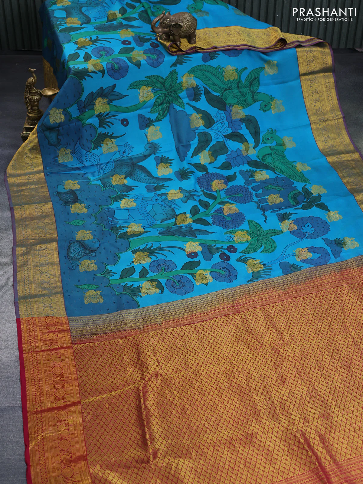 Pure kanchipuram silk saree teal blue shade and pink with pen kalamkari hand painted prints & zari buttas and rich zari woven korvai border - Image 2