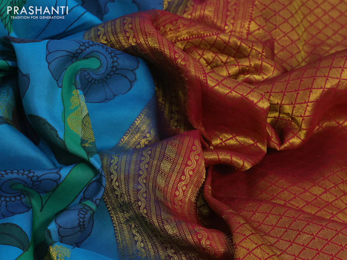 Pure kanchipuram silk saree teal blue shade and pink with pen kalamkari hand painted prints & zari buttas and rich zari woven korvai border - Image 3