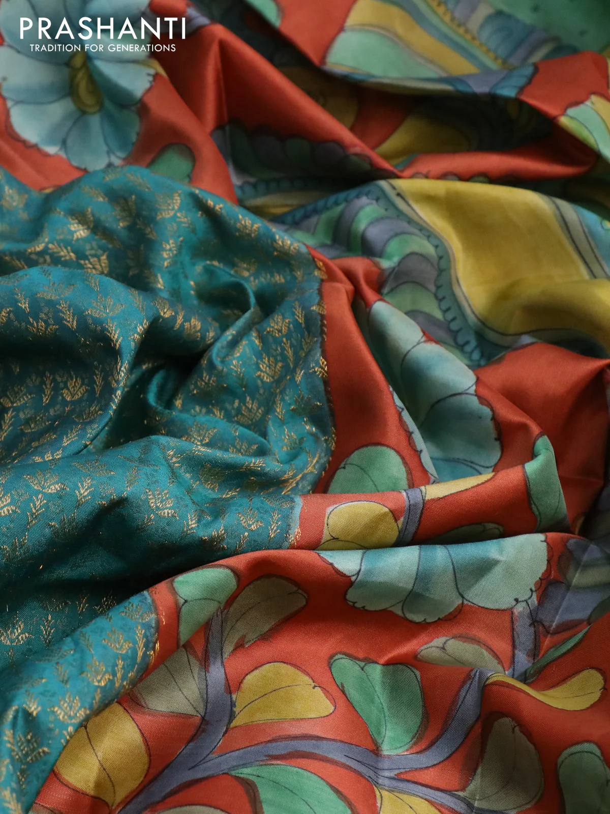 Pure kanchipuram silk saree teal blue shade and rustic orange with allover zari woven brocade weaves and kalamkari printed pallu & border - Image 3