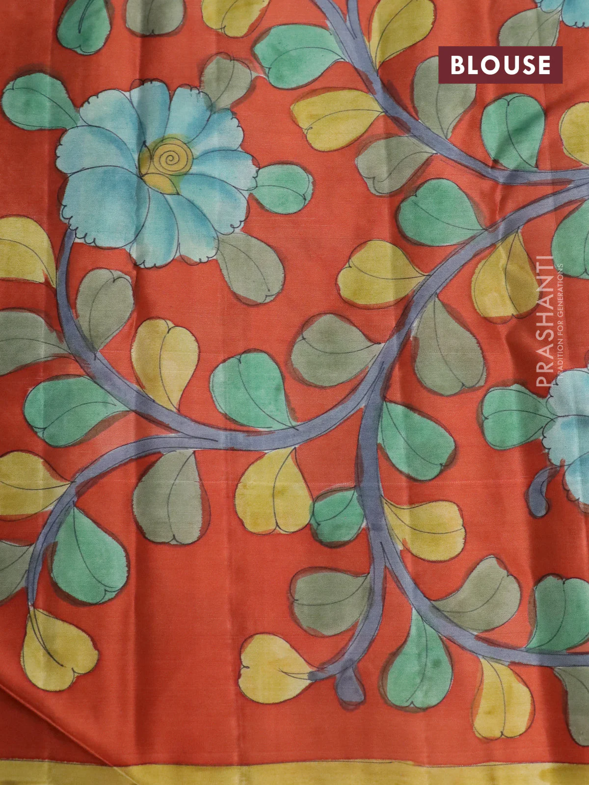 Pure kanchipuram silk saree teal blue shade and rustic orange with allover zari woven brocade weaves and kalamkari printed pallu & border - Image 4