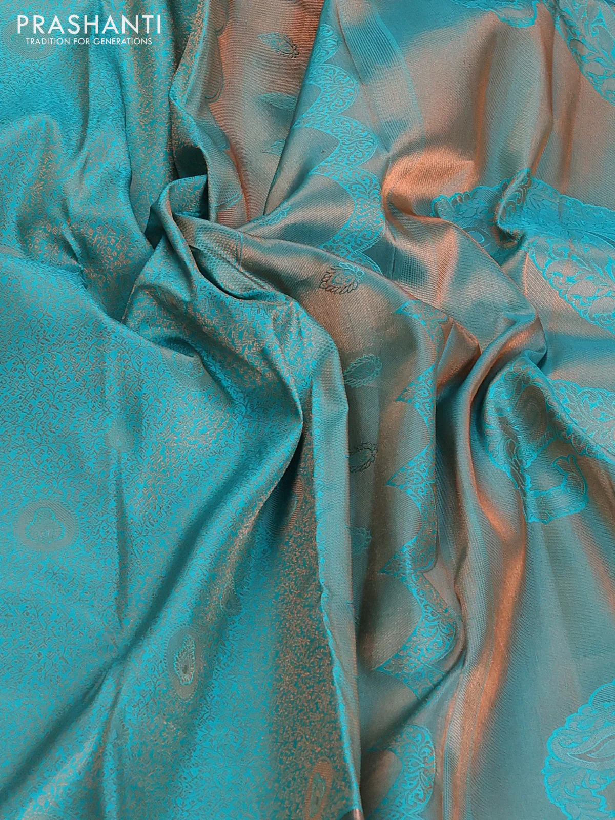 Pure kanchipuram silk saree teal blue shade with allover copper zari wevaes and copper zari woven border - Image 3
