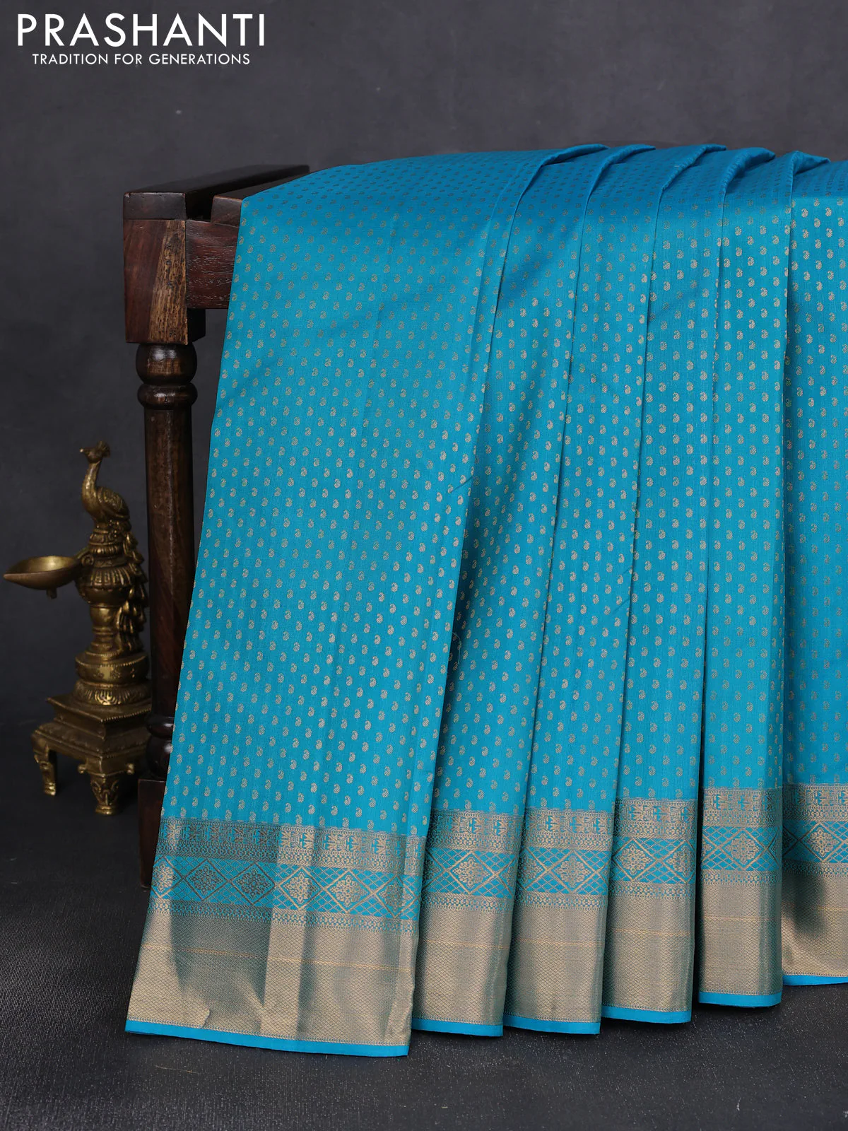 Pure kanchipuram silk saree teal blue with allover paisley zari woven 1000 buttas and rich zari woven border