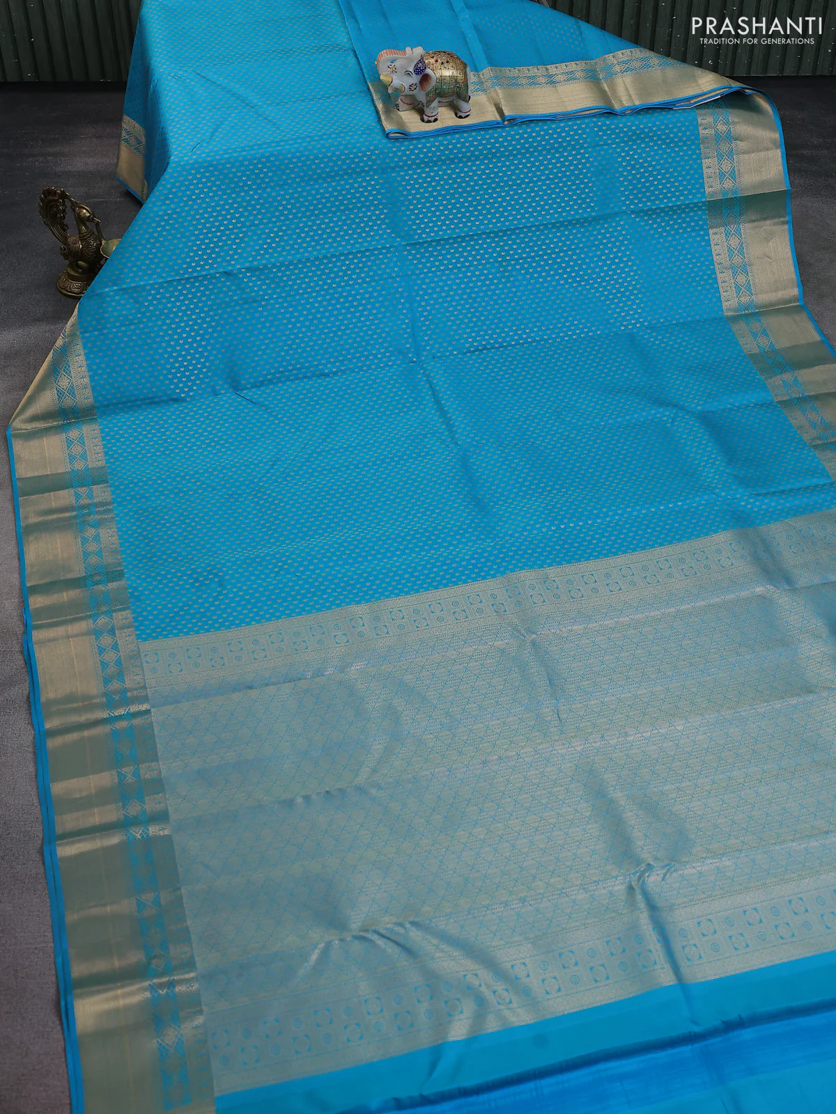Pure kanchipuram silk saree teal blue with allover paisley zari woven 1000 buttas and rich zari woven border - Image 2