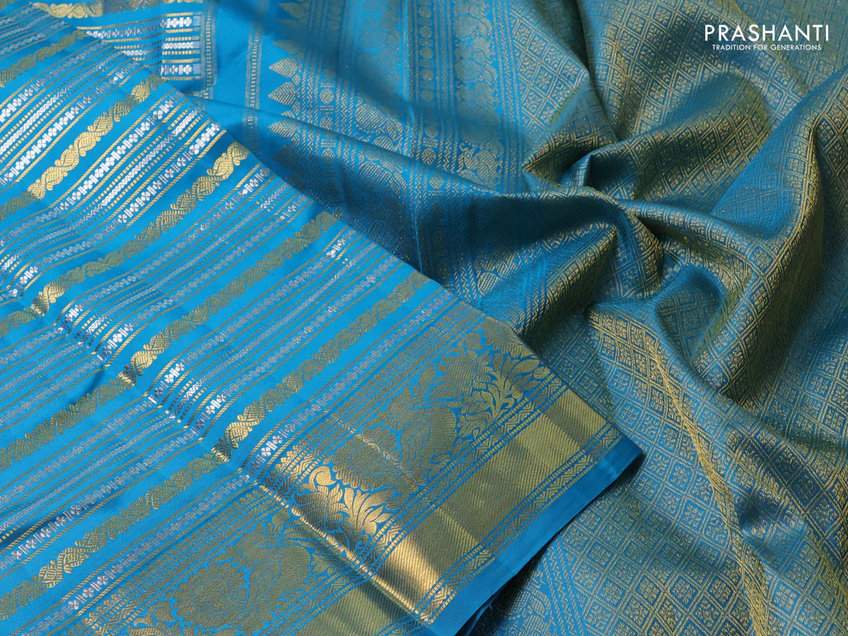 Pure kanchipuram silk saree teal blue with allover veldhari zari weaves and rich zari woven border - Image 3