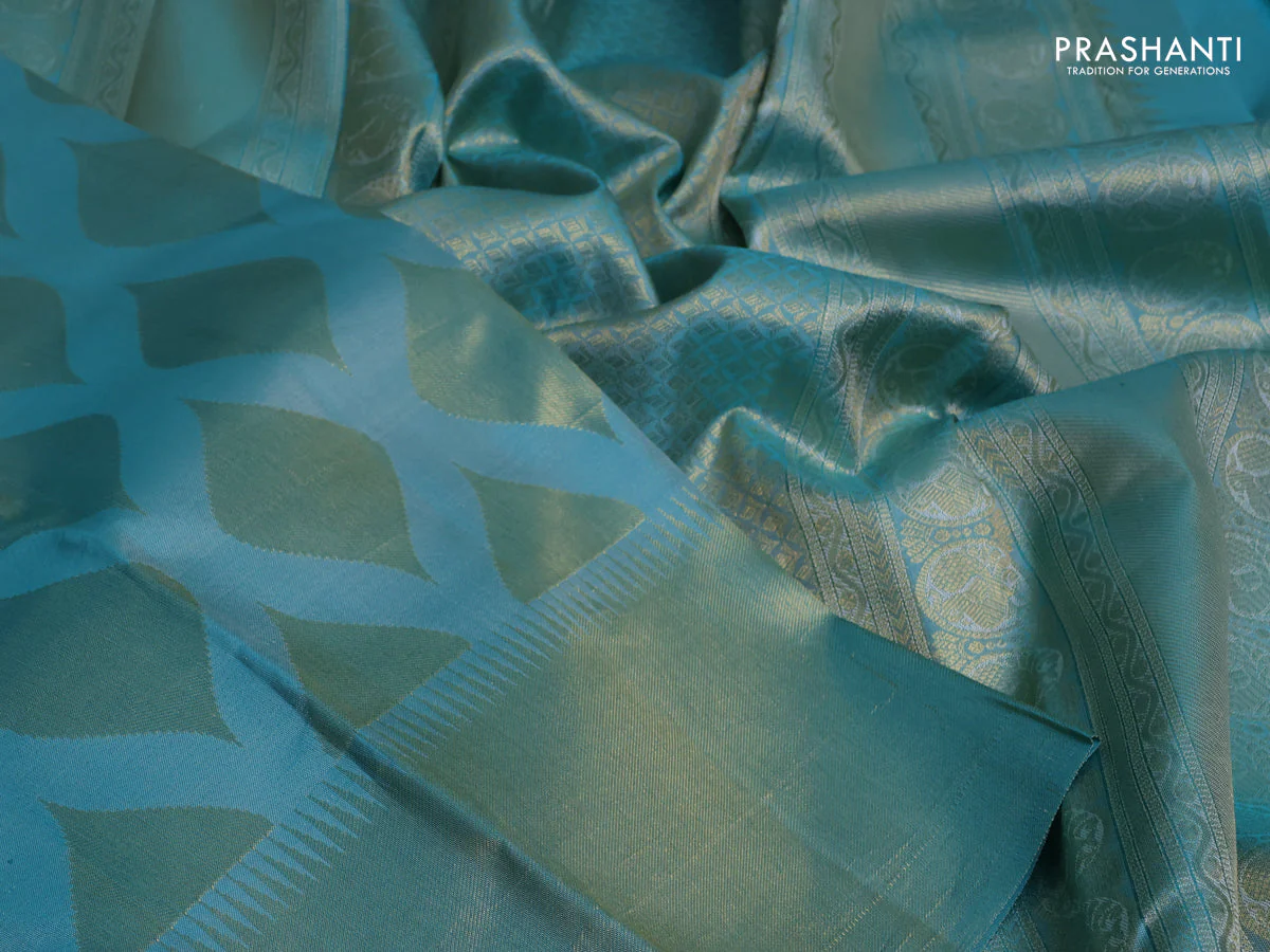 Pure kanchipuram silk saree teal blue with allover zari woven geometric butta weaves and temple design zari woven border - Image 3