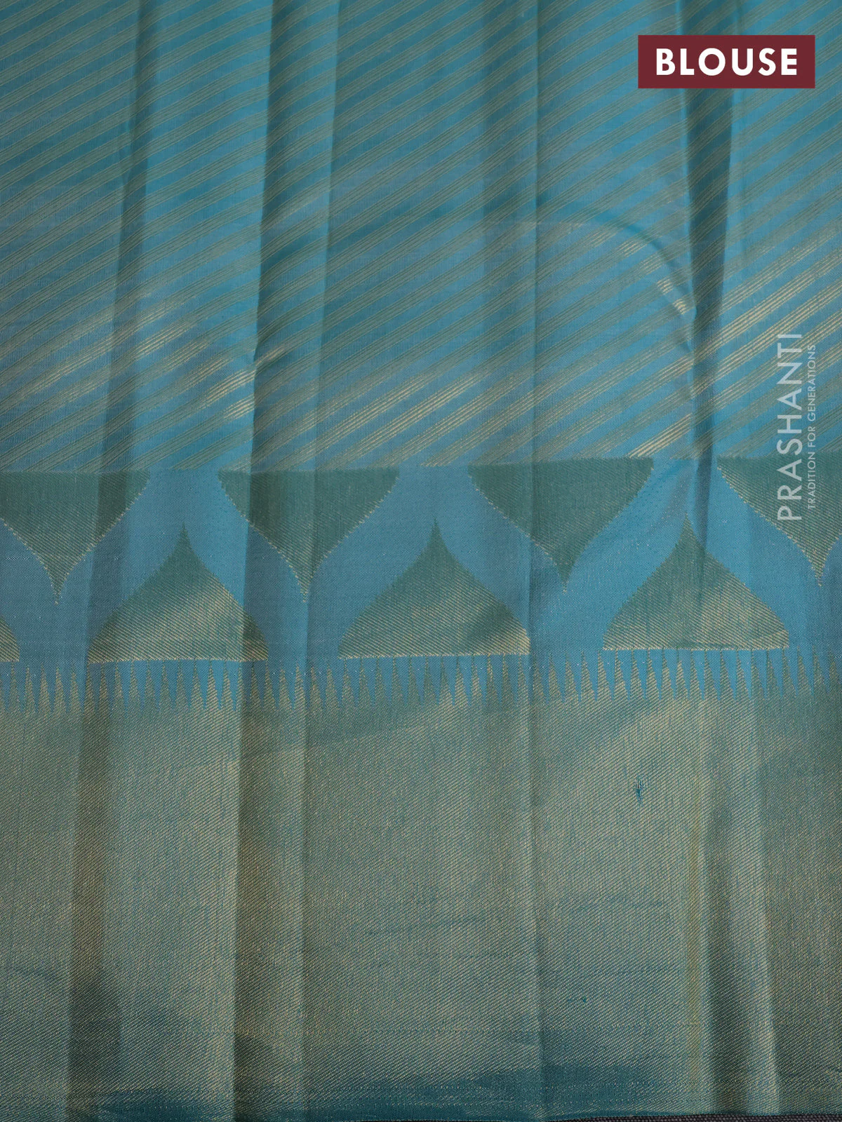 Pure kanchipuram silk saree teal blue with allover zari woven geometric butta weaves and temple design zari woven border - Image 4
