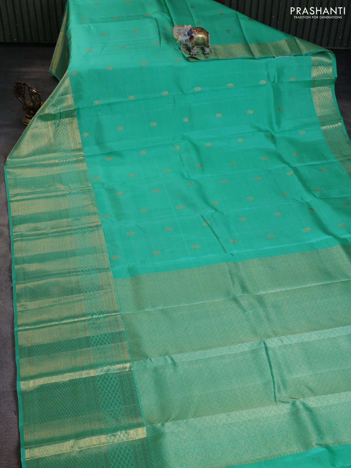 Pure kanchipuram silk saree teal blue with zari woven buttas and long rich zari woven border - Image 2