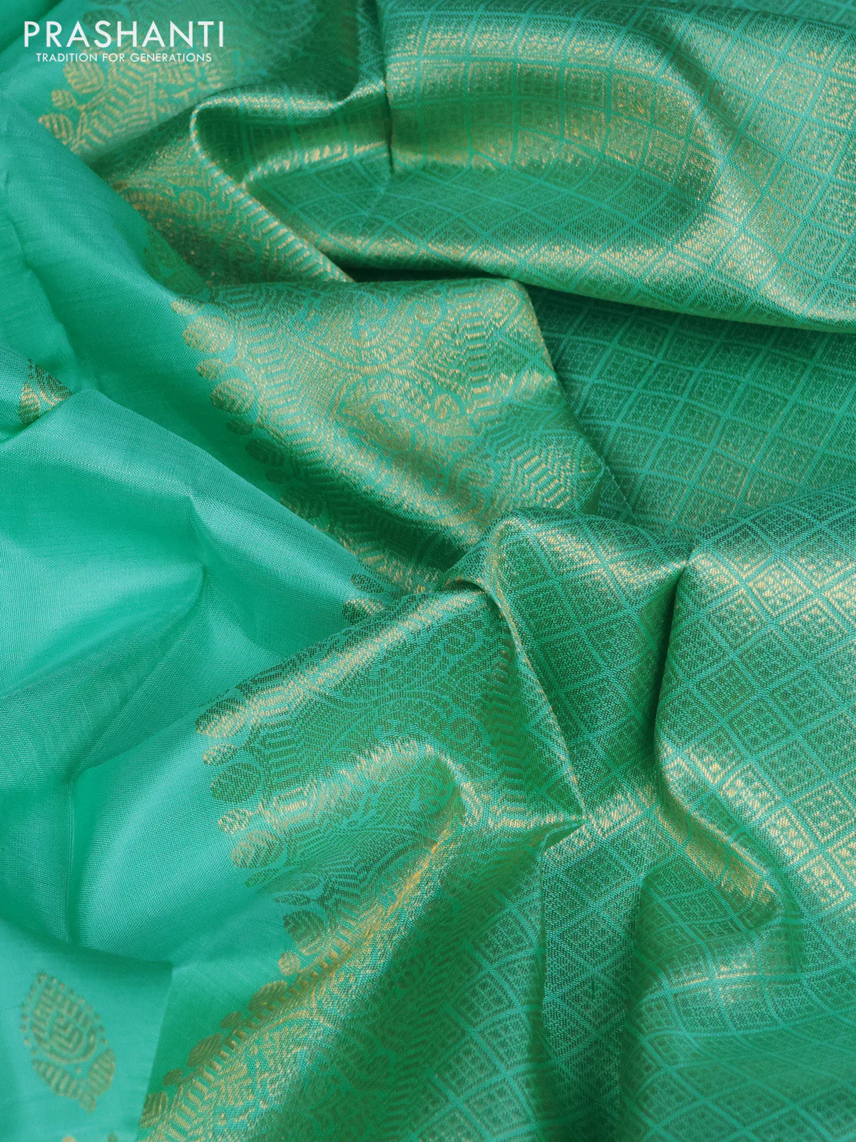 Pure kanchipuram silk saree teal blue with zari woven buttas and long rich zari woven border - Image 3