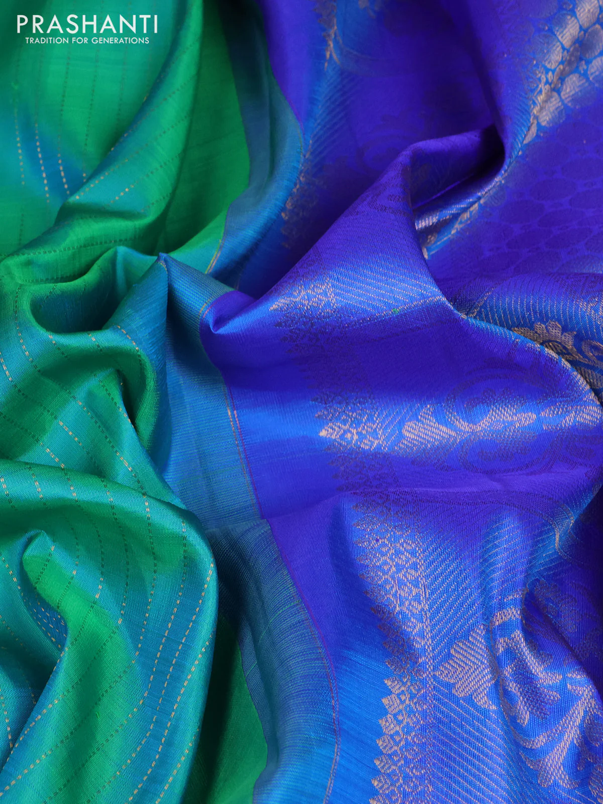Pure kanchipuram silk saree teal green and blue with allover zari stripe pattern and zari woven butta border - Image 3