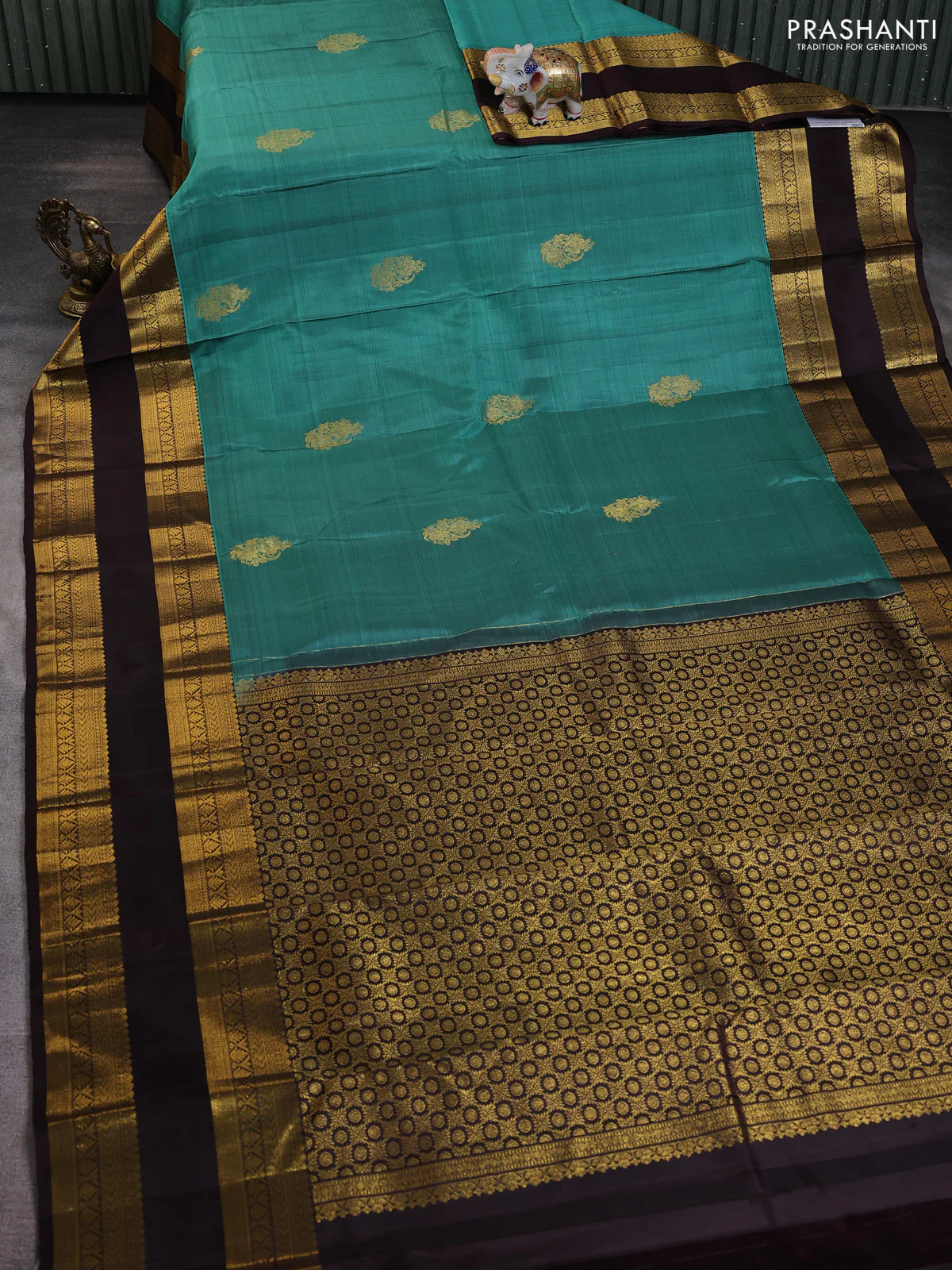 Pure kanchipuram silk saree teal green and coffee brown with zari woven buttas and long rettapet zari woven border - Image 2