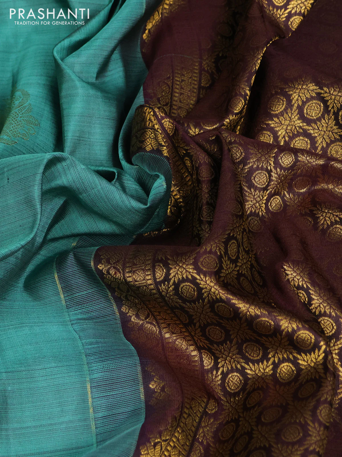 Pure kanchipuram silk saree teal green and coffee brown with zari woven buttas and long rettapet zari woven border - Image 3