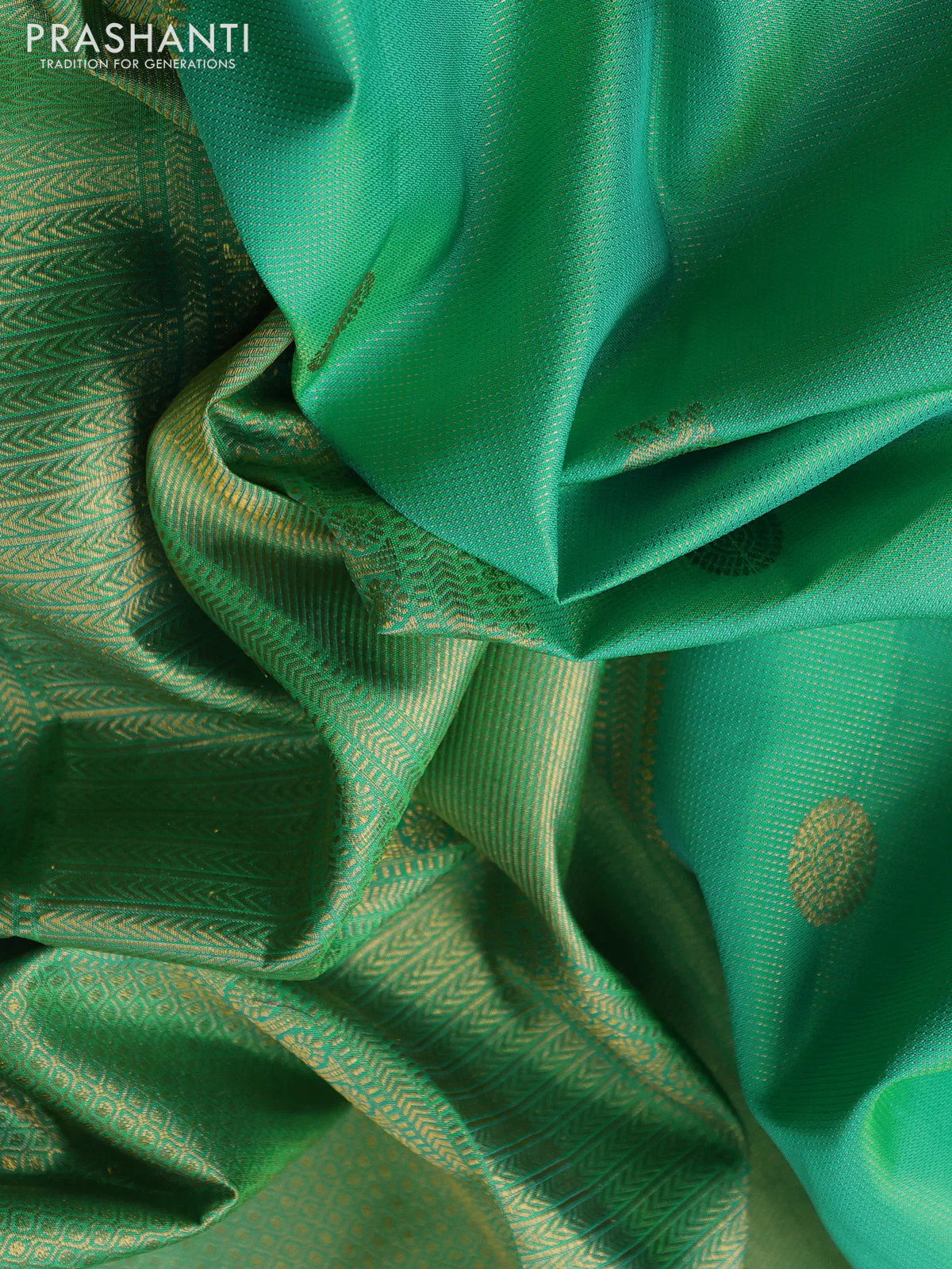 Pure kanchipuram silk saree teal green and dual shade of pinkish orange with allover vairaosi pattern & zari buttas and zari woven border - Image 3