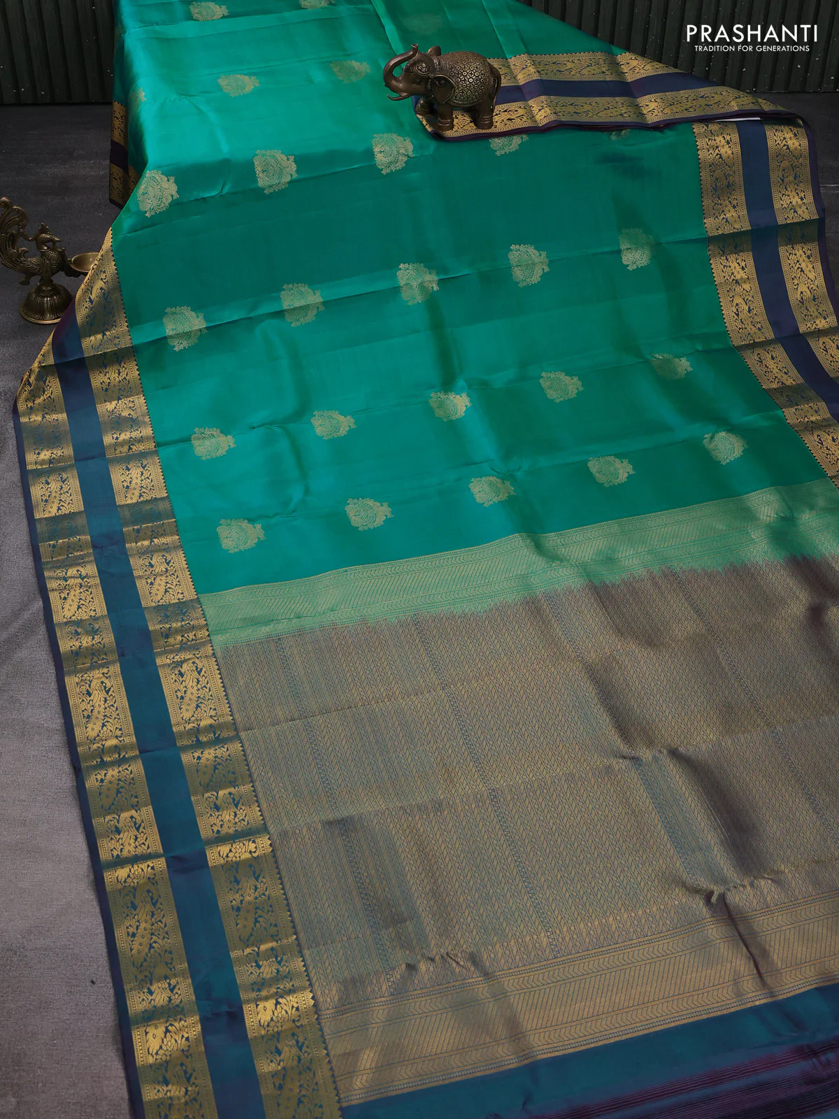 Pure kanchipuram silk saree teal green and dual shade of purple with zari woven buttas and rettapet zari woven border - Image 2