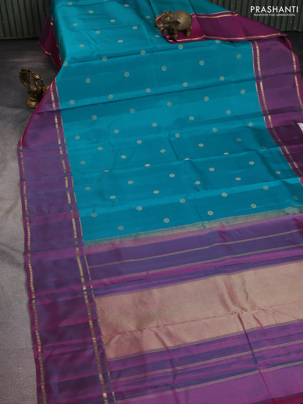 Pure kanchipuram silk saree teal green and dual shade of purple with zari woven buttas and rettapet zari woven border - Image 2