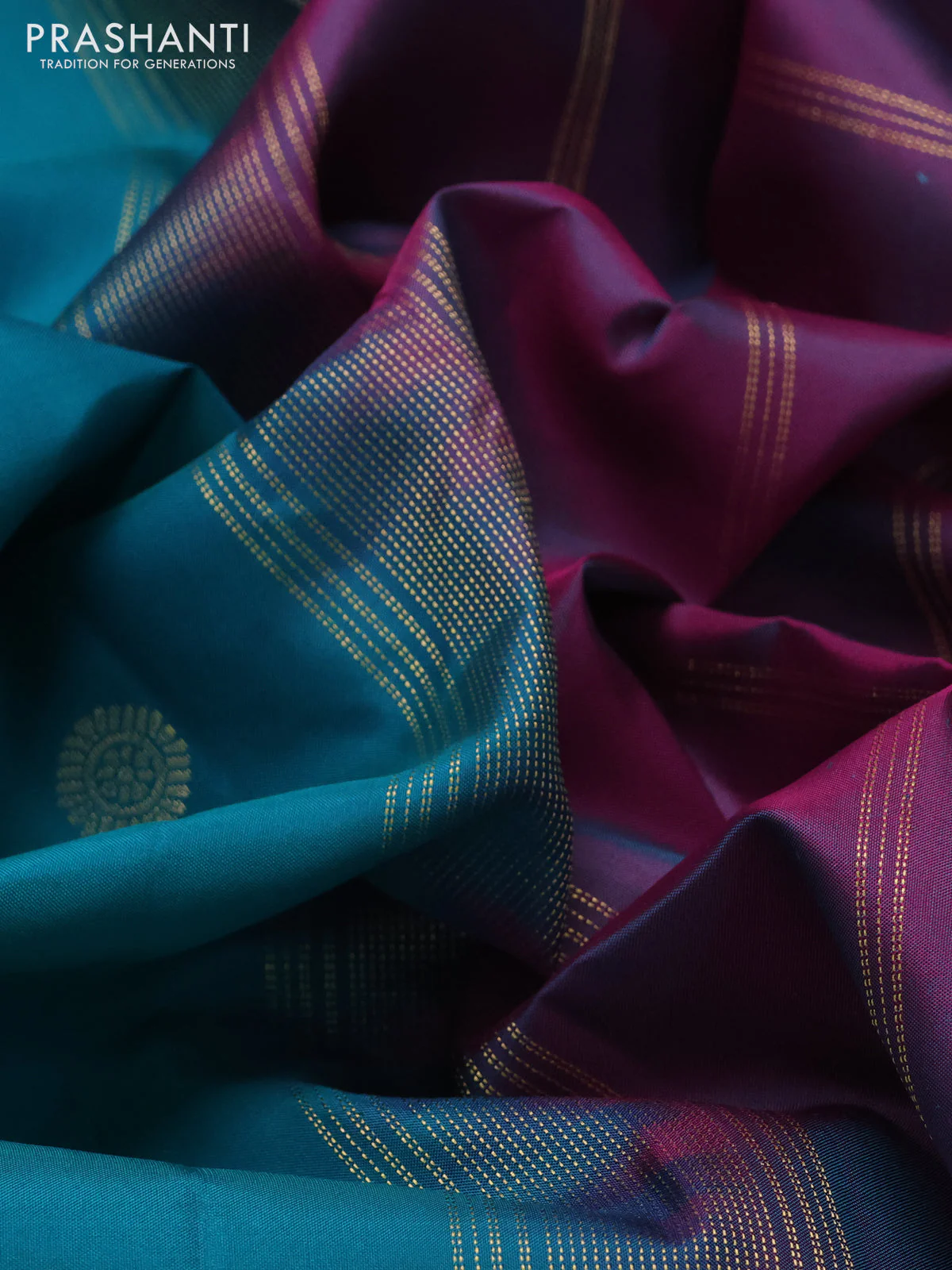 Pure kanchipuram silk saree teal green and dual shade of purple with zari woven buttas and rettapet zari woven border - Image 3