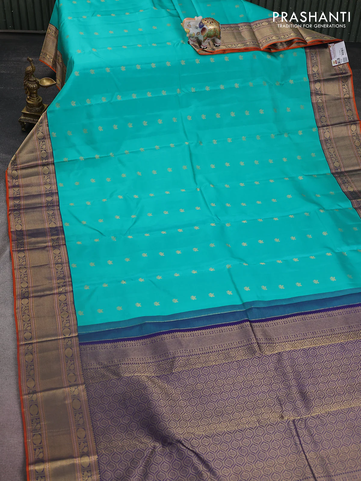 Pure kanchipuram silk saree teal green and navy blue with zari woven buttas and zari woven border - Image 2