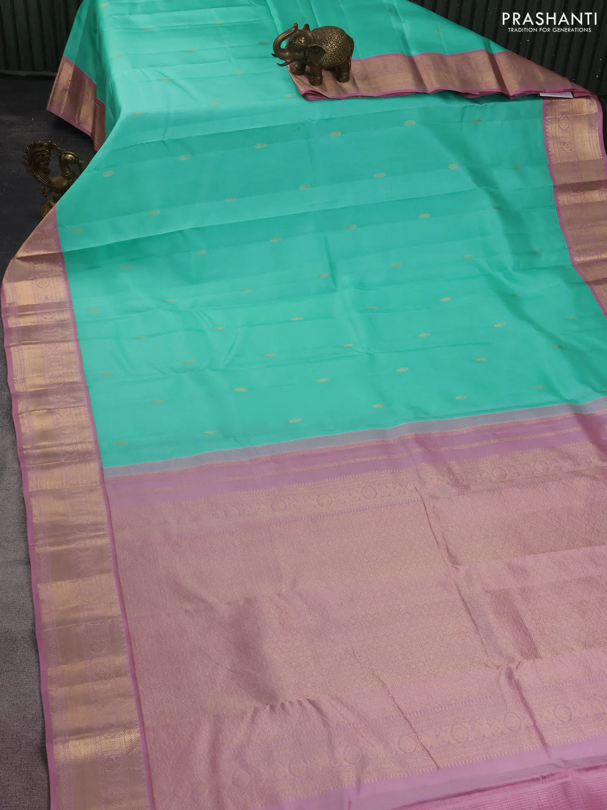 Pure kanchipuram silk saree teal green and pastel pink with zari woven buttas and zari woven border - Image 2