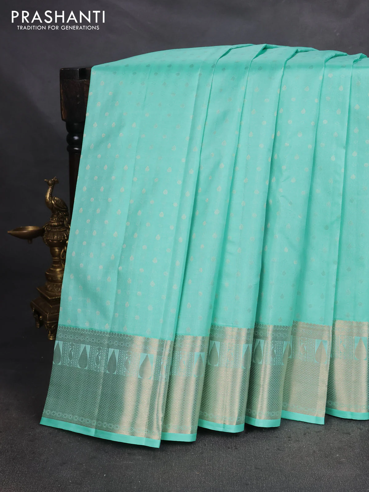 Pure Kanchipuram silk saree teal green and pink shade with allover zari woven 1000 buttas and zari woven border