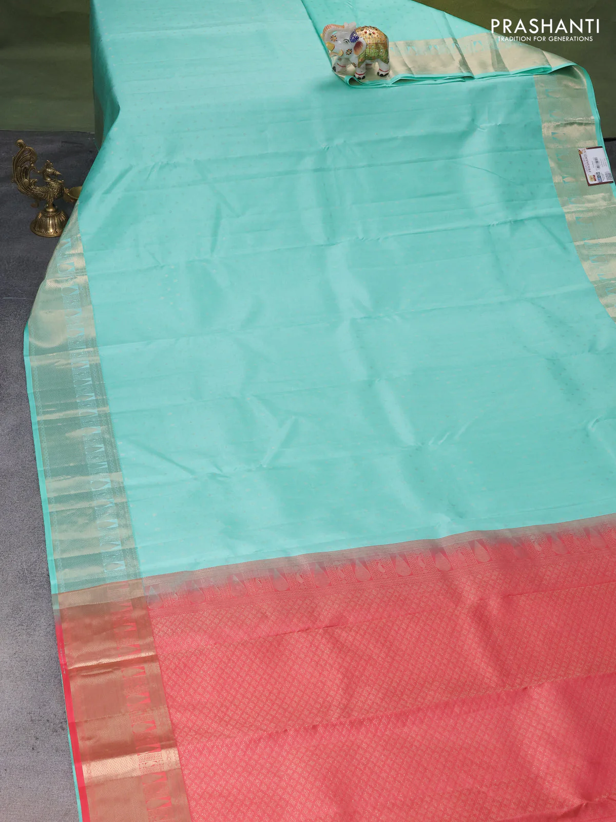 Pure Kanchipuram silk saree teal green and pink shade with allover zari woven 1000 buttas and zari woven border - Image 2