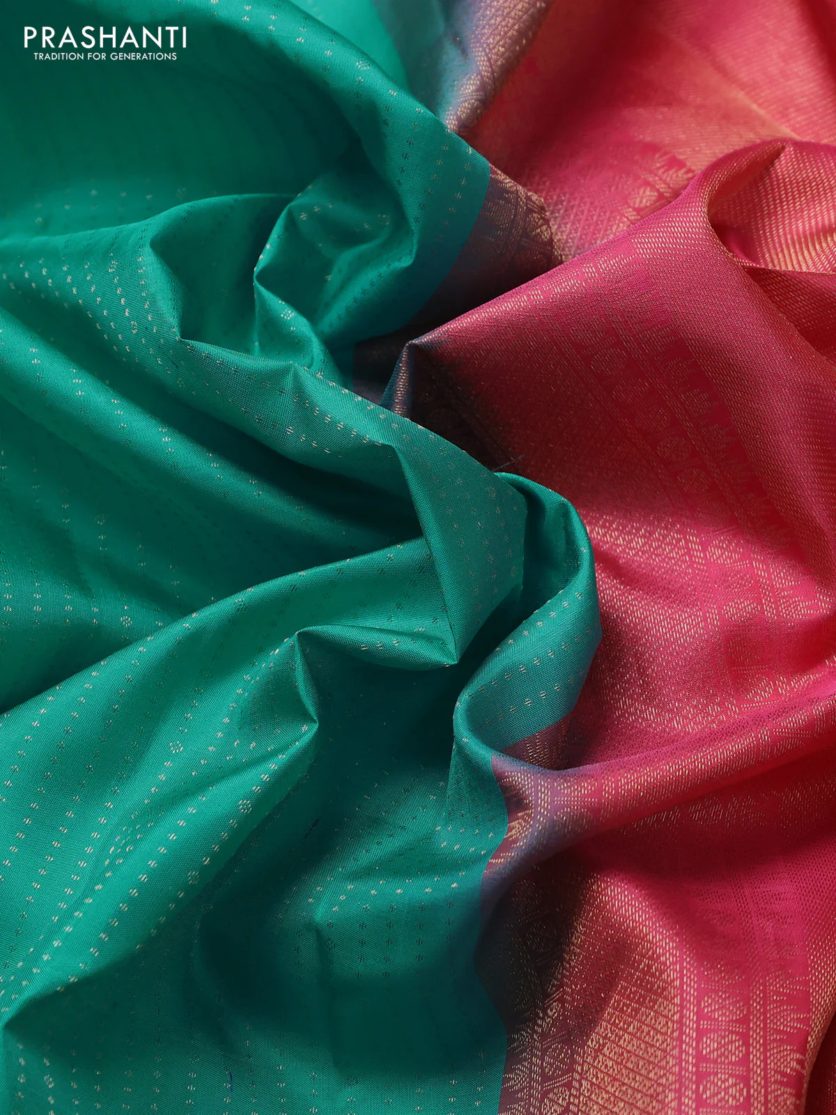 Pure kanchipuram silk saree teal green and pink with allover zari weaves and long zari woven border - Image 3