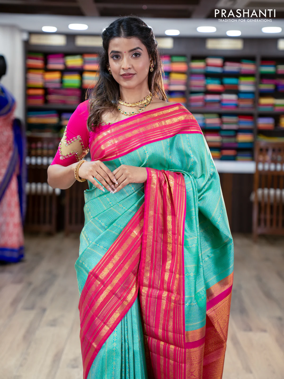 Pure kanchipuram silk saree teal green and pink with allover zari woven brocade weaves and zari woven korvai border - Image 2