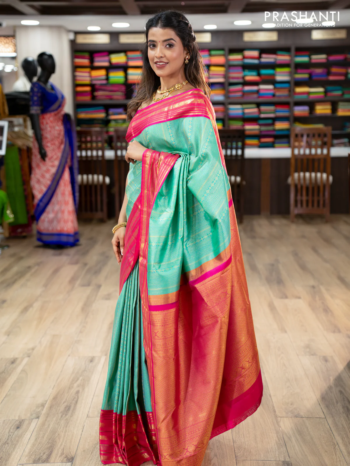 Pure kanchipuram silk saree teal green and pink with allover zari woven brocade weaves and zari woven korvai border - Image 3