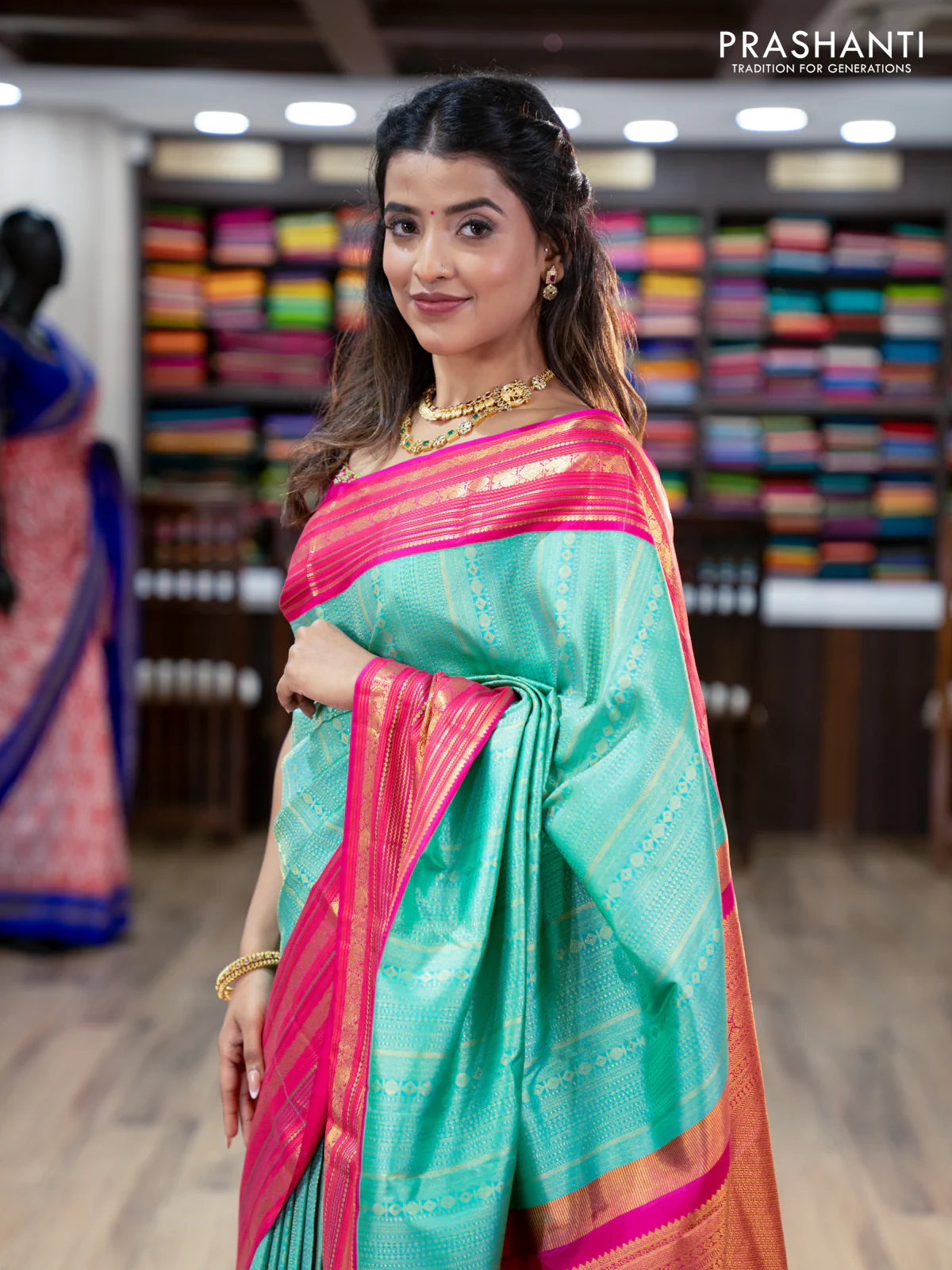 Pure kanchipuram silk saree teal green and pink with allover zari woven brocade weaves and zari woven korvai border - Image 4