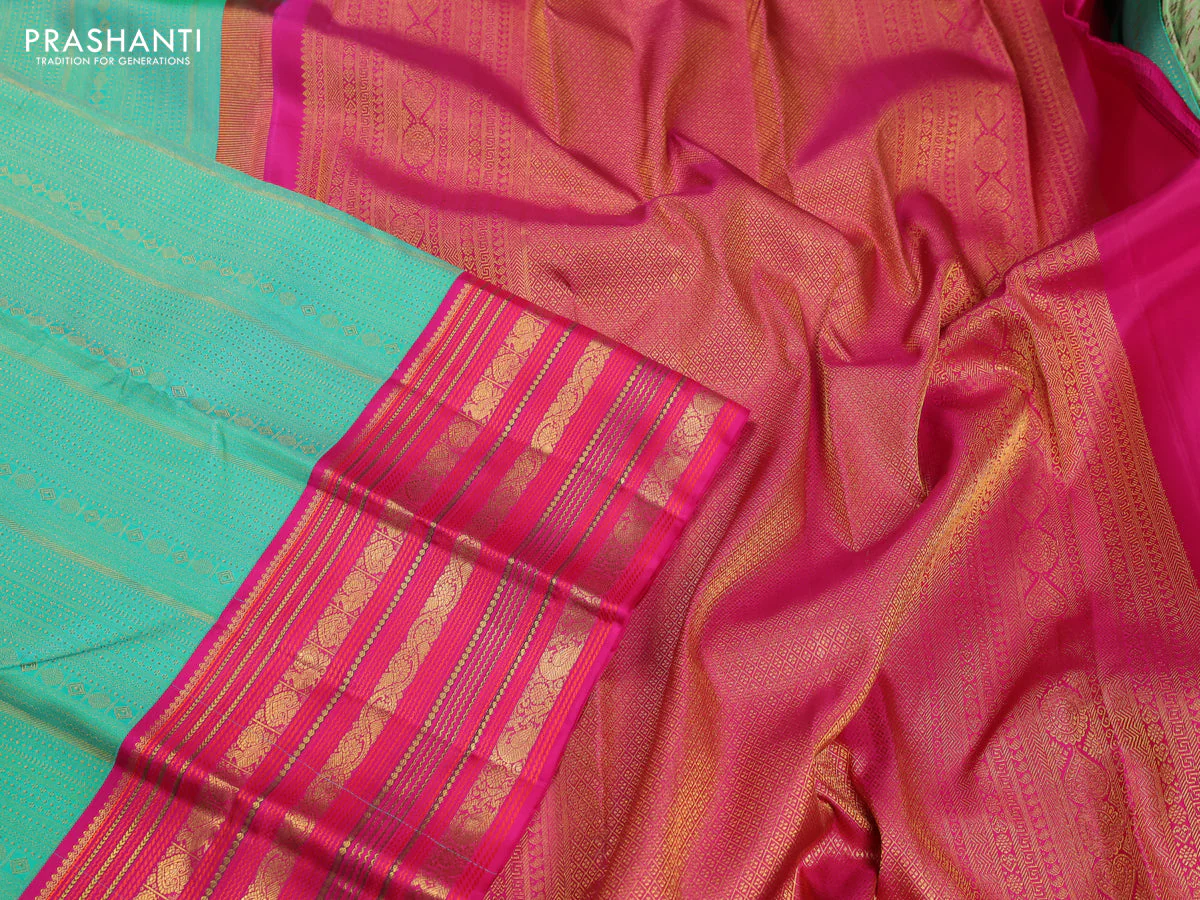 Pure kanchipuram silk saree teal green and pink with allover zari woven brocade weaves and zari woven korvai border - Image 7