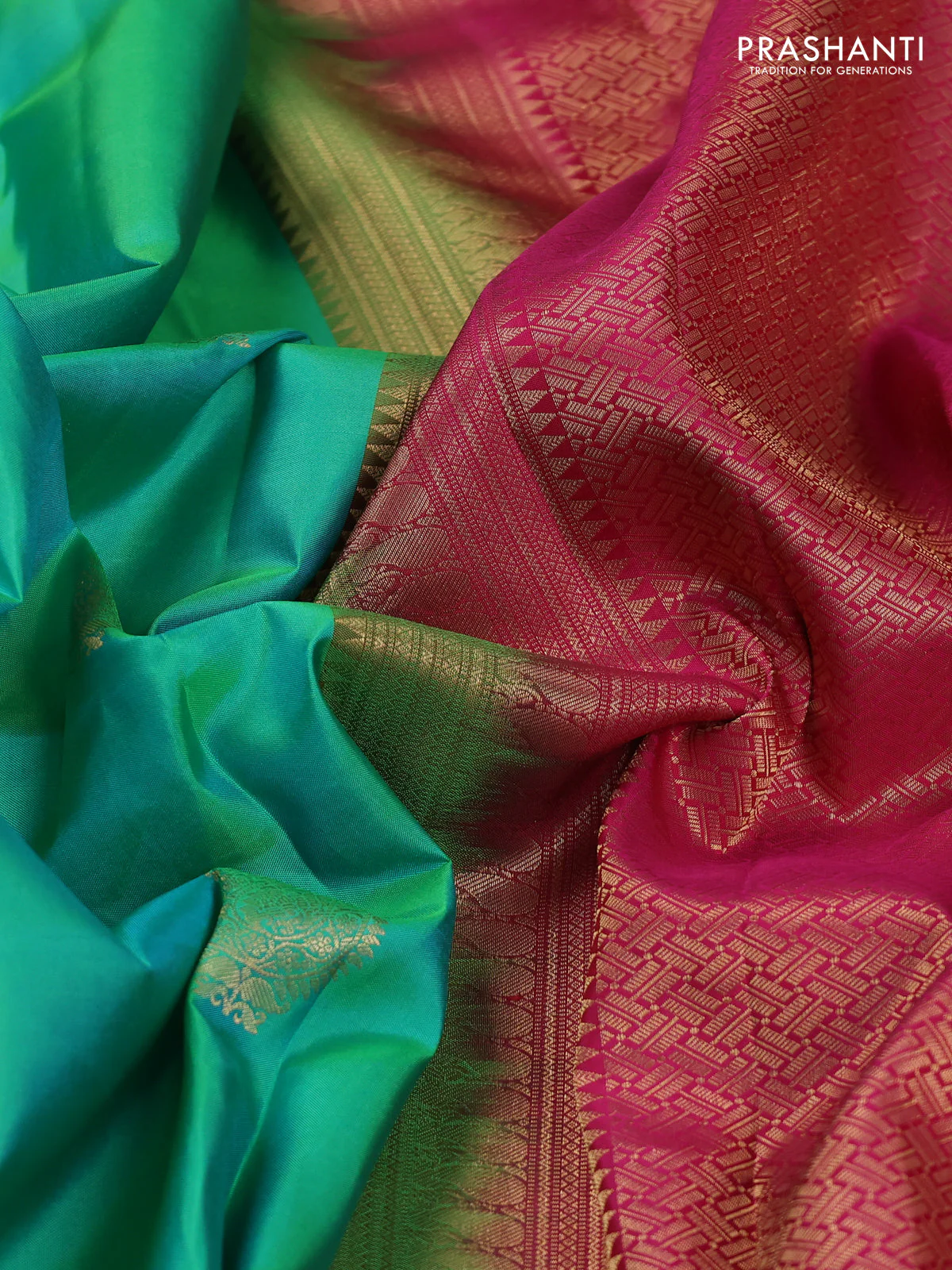 Pure kanchipuram silk saree teal green and pink with paisley zari woven buttas and zari woven korvai border - Image 3