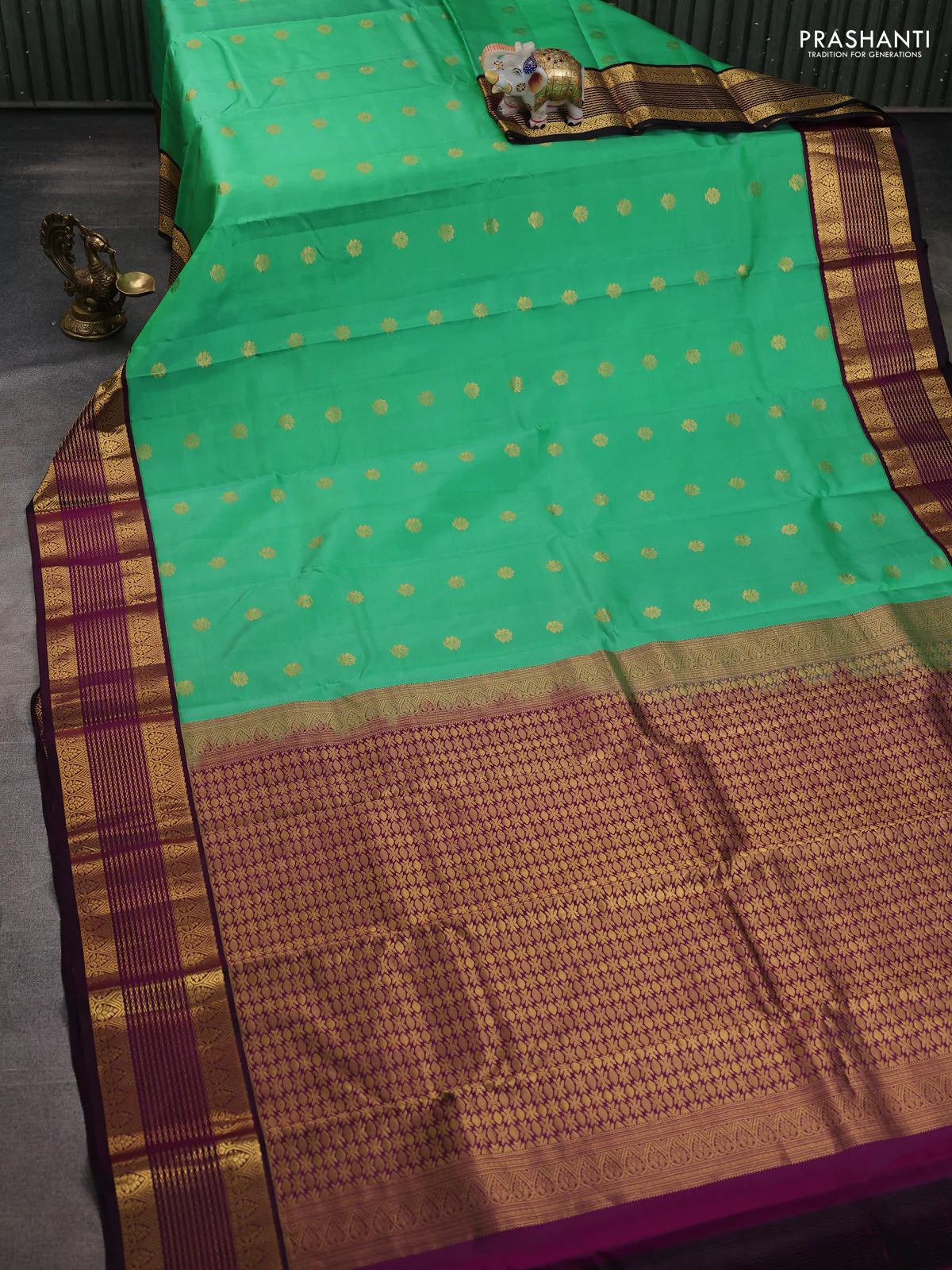Pure kanchipuram silk saree teal green and purple with zari woven buttas and rich zari woven korvai border - Image 2